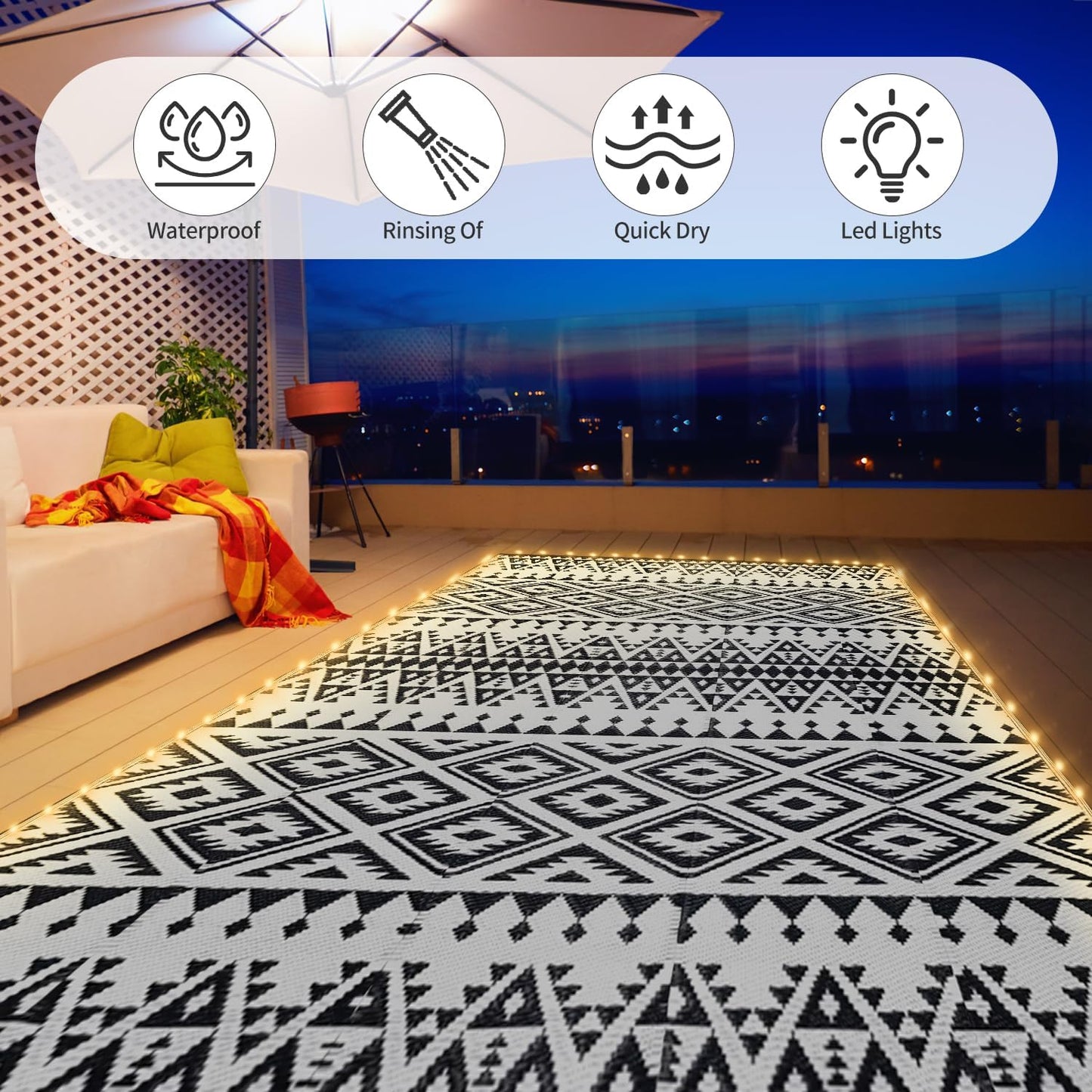 8x10ft Waterproof Outdoor Rug with LED Lights, Bohemia Reversible Plastic Straw Mat for Patio RV Camping Picnic Balcony Beach Deck Indoor Outdoor Carpet, Black&White