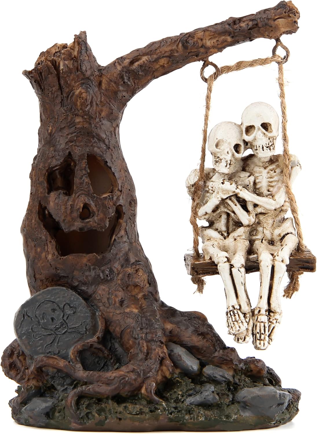Halloween Skull Statue with Spooky LED Light for Holiday Decorations, Halloween Decor with Romantic Skeleton Couple on Swing Tombstone Tree, Grinning Skull Decor Props Haunted Collectible Gift