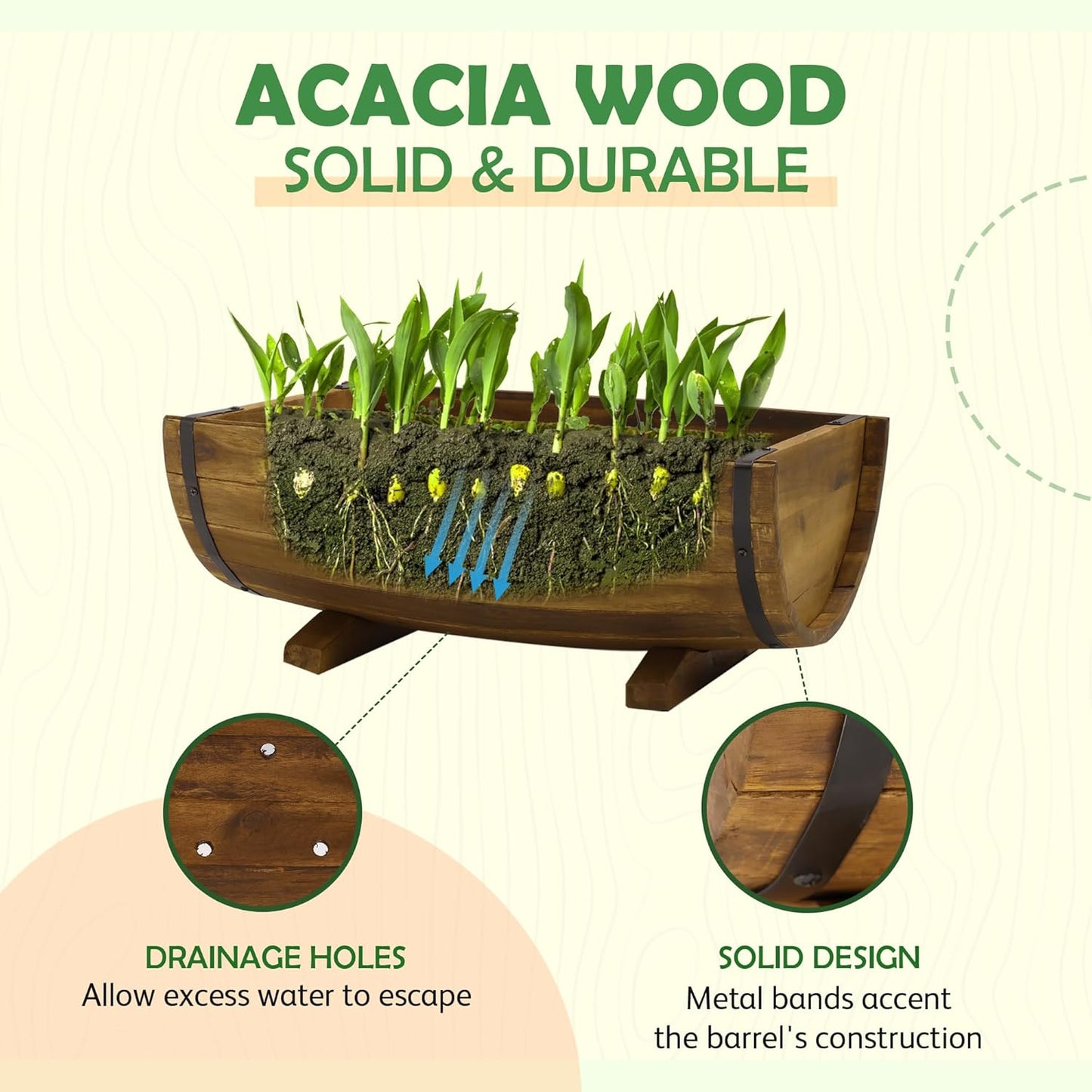 IDZO Solid Acacia Wood Half Barrel Planters Outdoor Set of 2 Different Sizes, Wooden Planters for Outdoor Plants with Metal Bands & Drainage Holes, Legs Included, Brown