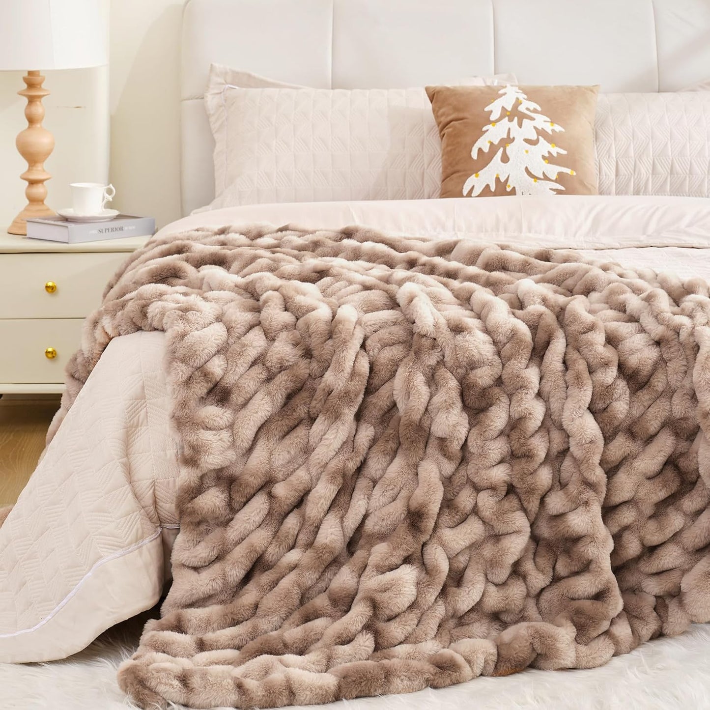 Touchat Ruched Faux Rabbit Fur Blanket, 700 GSM Luxury Dual-Sided Soft Cozy Blanket, Fuzzy Fluffy Plush Throw for Bed, Couch and Sofa - 60"x80", Tie-dye Brown