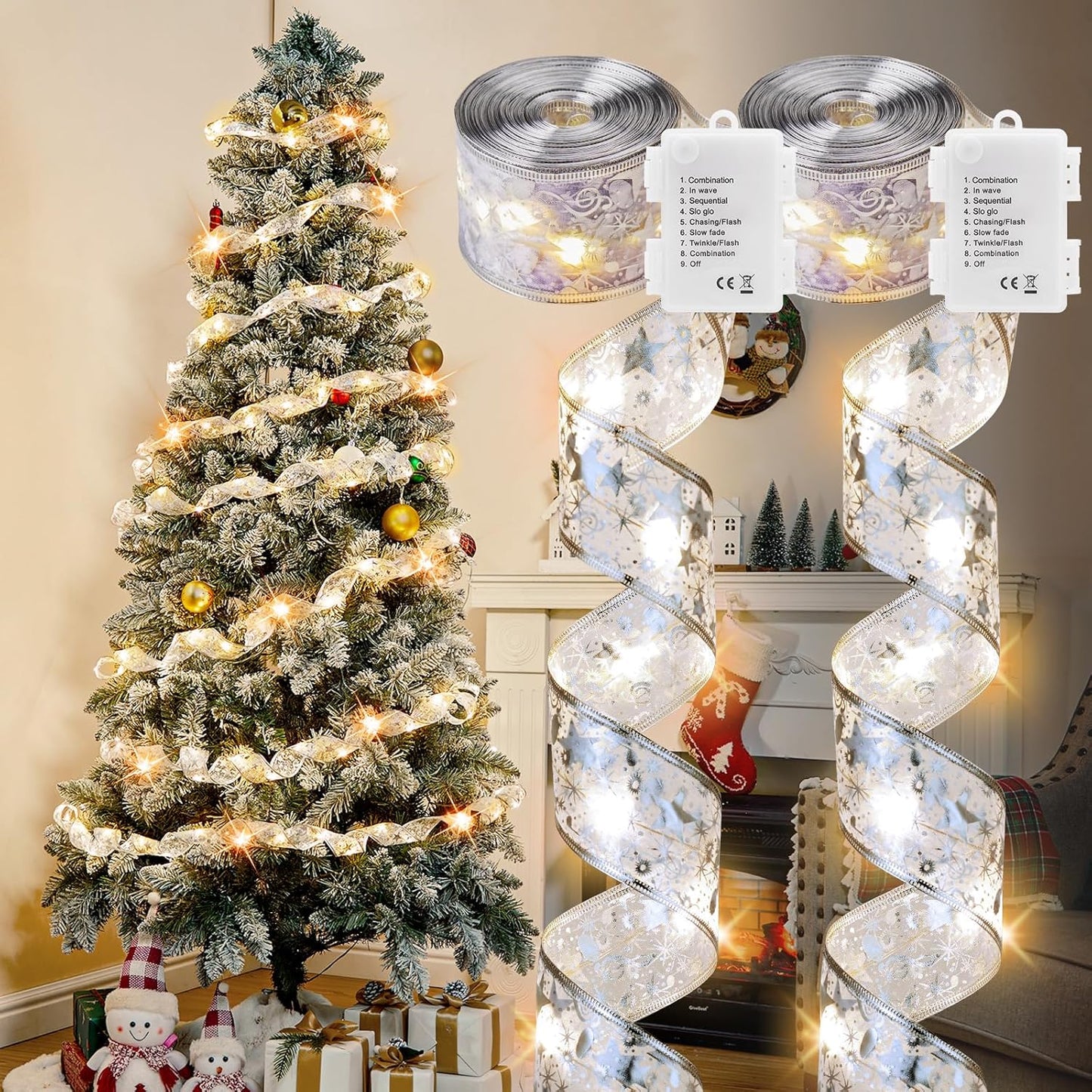 2 Pack Christmas Tree Ribbon String Lights - 33ft 100 LED Battery Powered Ribbon Bow Fairy Lights with Timer and 8 Lighting Modes for 6ft - 8ft Christmas Tree New Year Decor, Silver Ribbon
