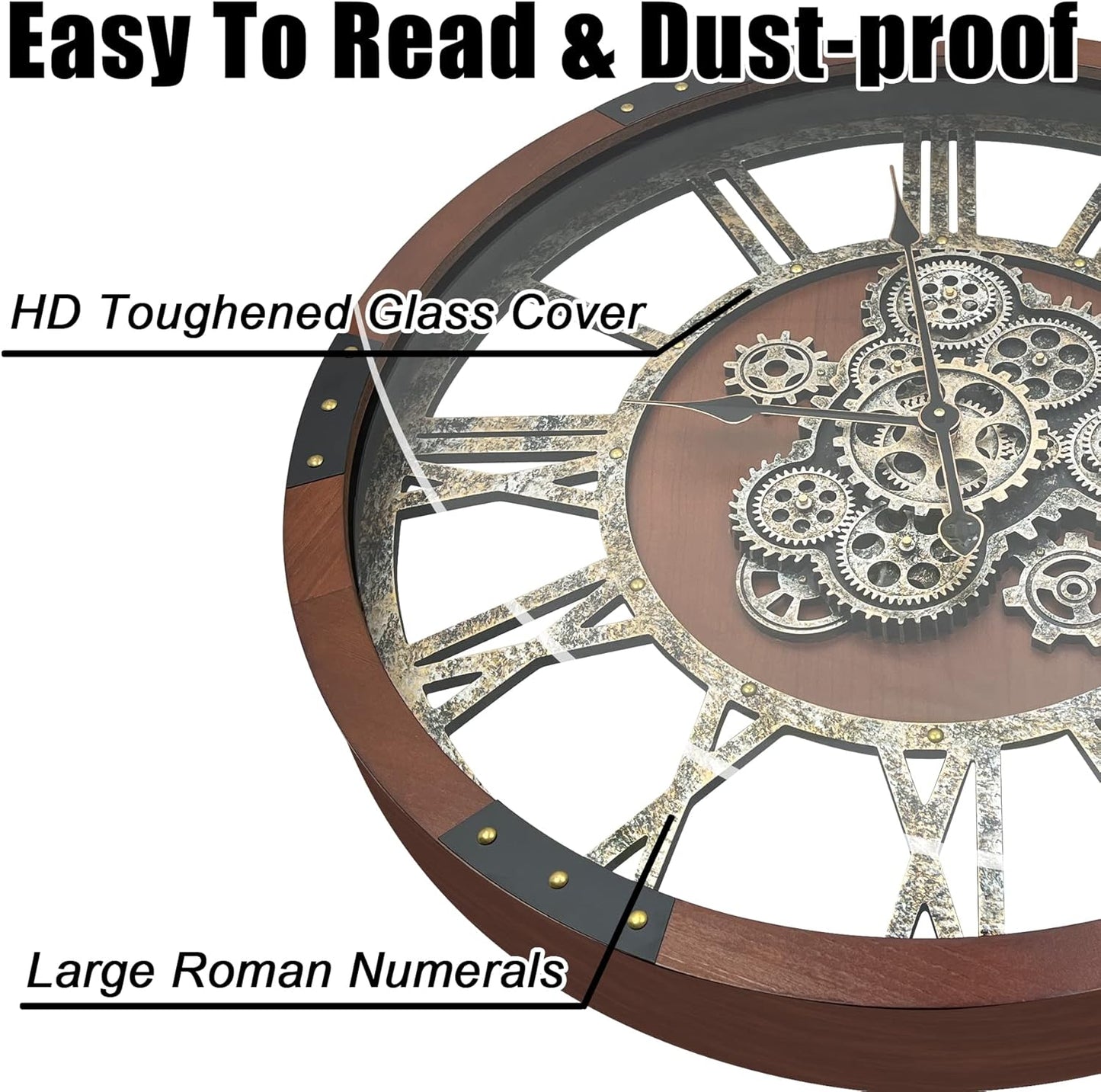 Large Wall Clock for Living Room Decor, 27 Inches Oversized Vintage Wood Decorative Steampunk Farmhouse Wall Clock for Rustic, Retro, Industrial,Kitchen,Office,Working Gears