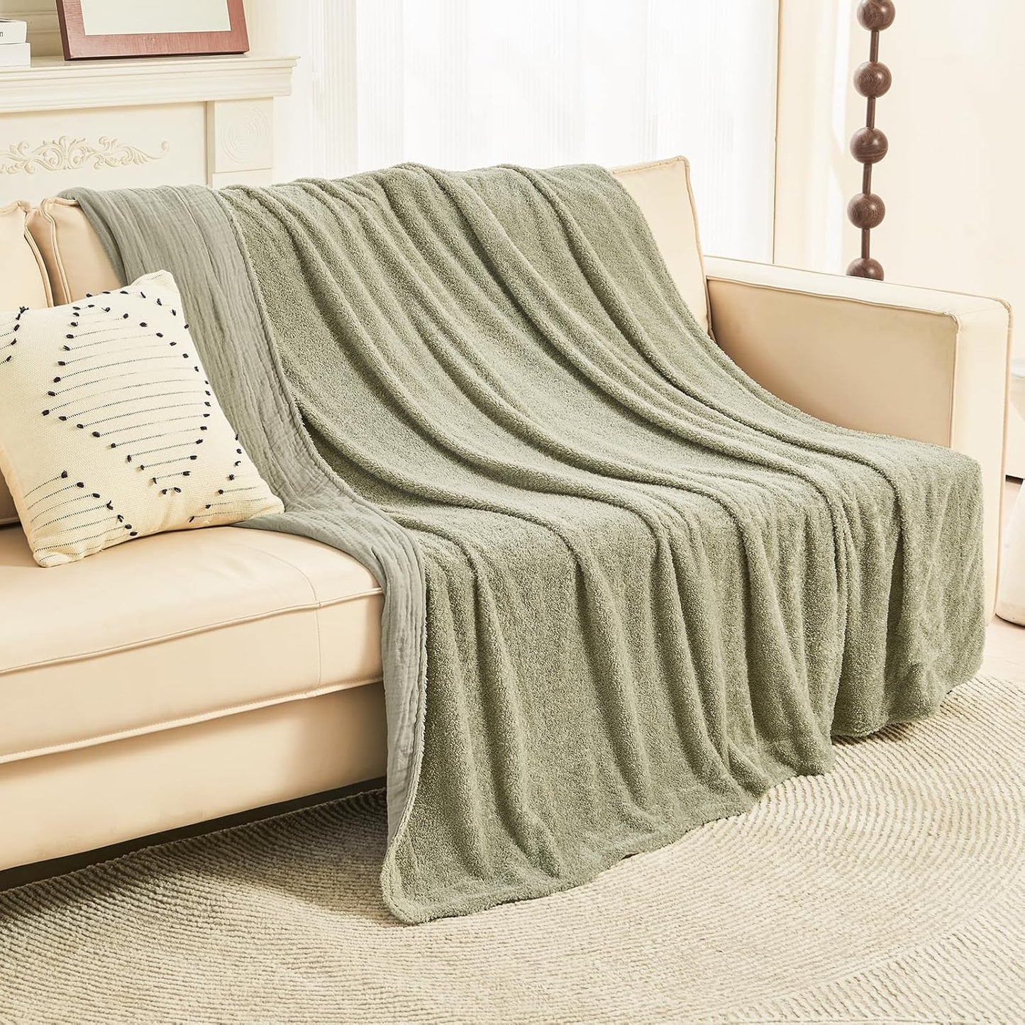 EMME Muslin and Fleece Throw Blanket Reversible - 50"*60" Sage Green Soft Warm Throw Blankets for Couch Bed Picnic Travel Bed