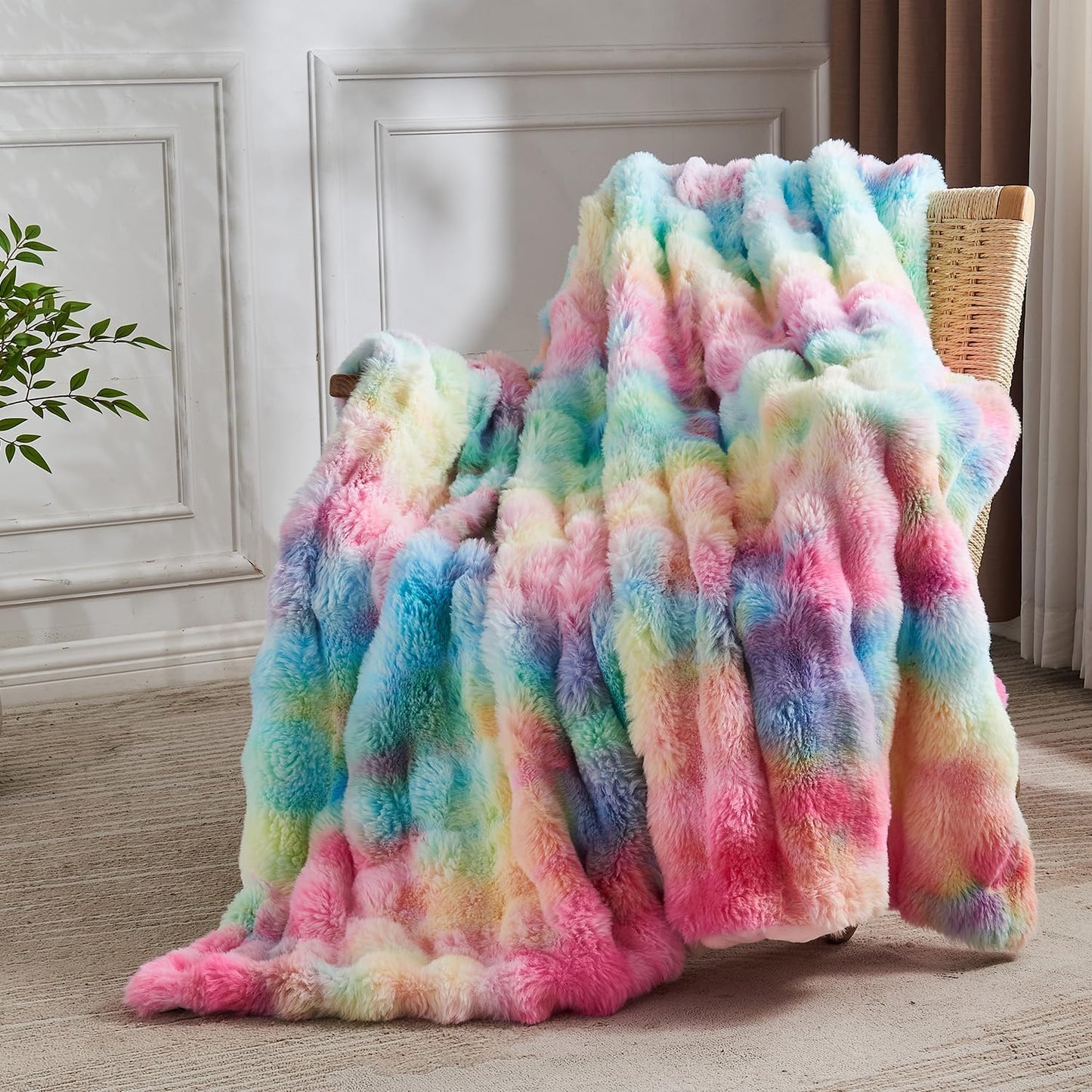 Lotus Karen King Size Faux Fur Blanket Rainbow - Big Bubble Rabbit Fluff Blanket for Bed, Large Fluffy Fuzzy Cozy Blanket, Thick Furry Plush Shaggy Blankets, 108x90 Inches