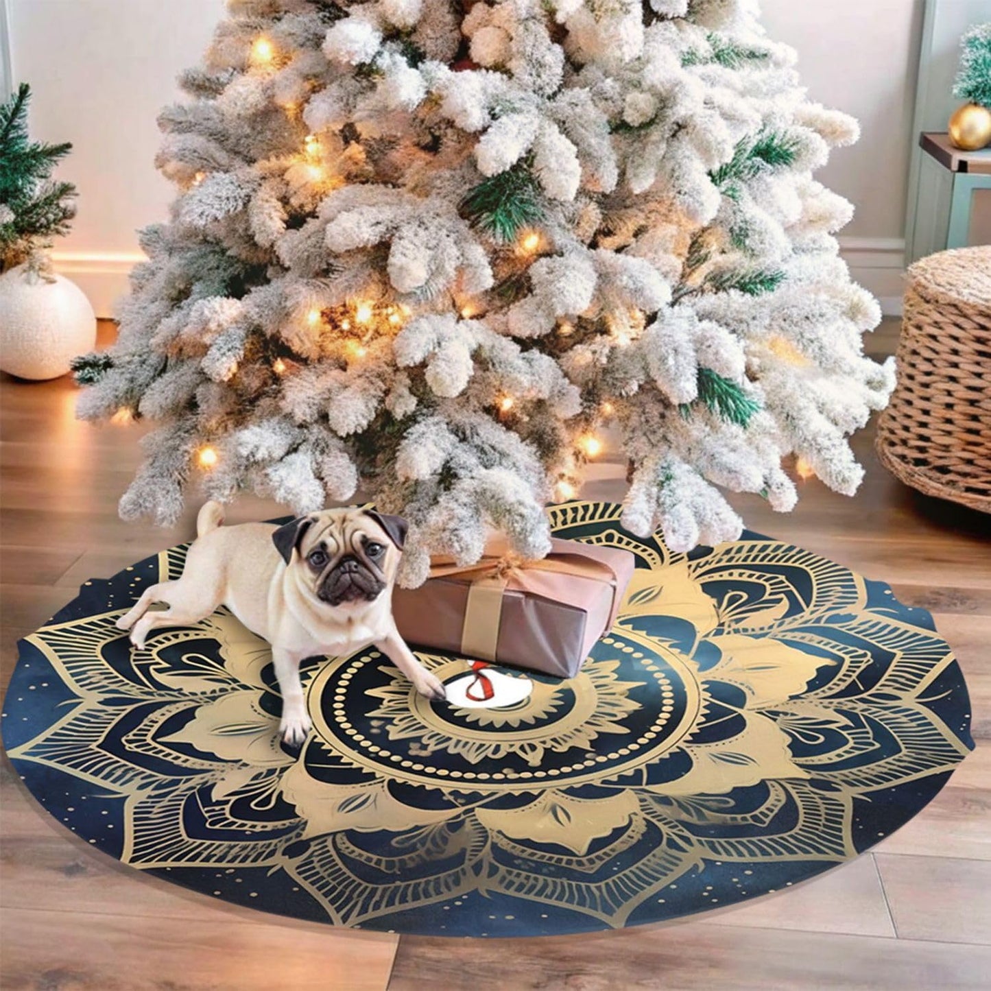 48" Large Christmas Tree Skirt, Elegant Gold Mandala Blue Galaxy Pattern Tree Mat Base Cover for Xmas Festive Holiday Party Decoration Ornaments