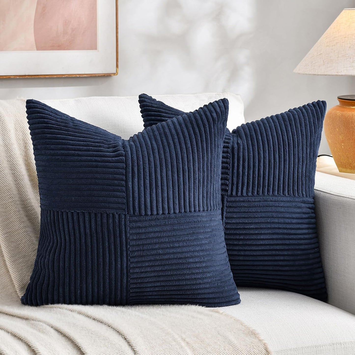Fancy Homi 2 Packs Navy Blue Euro Decorative Throw Pillow Covers 28x28 Inch for Living Room Couch Bed, Farmhouse Boho Home Decor, Soft Corss Corduroy Patchwork Textured Square Cushion Case 71x71 cm