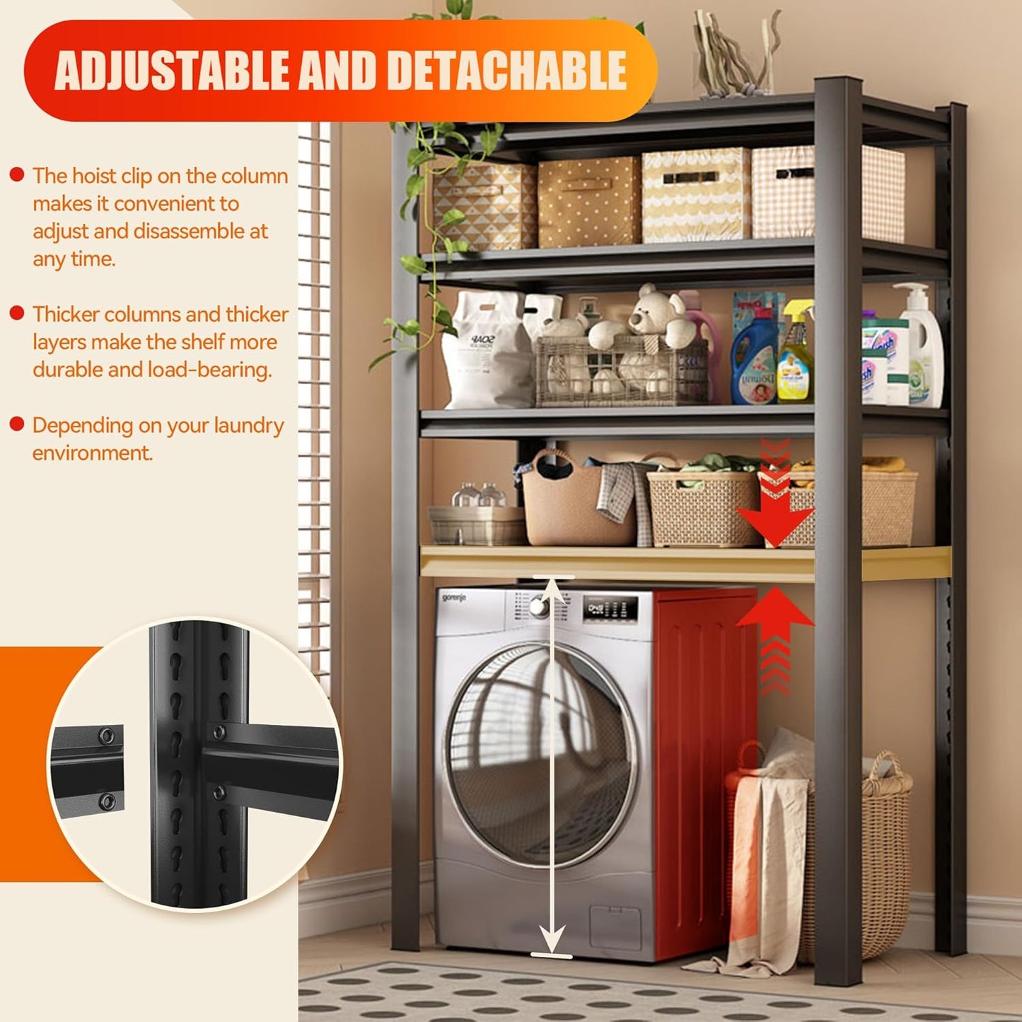 Laundry Shelf,5 Tier Over Washer and Dryer Storage Shelves,Adjustable Easy to Install,Space Saver Laundry Shelf Organizer,Utility Shelves for Balcony (with fence-78 H*18" D*47.24" W)