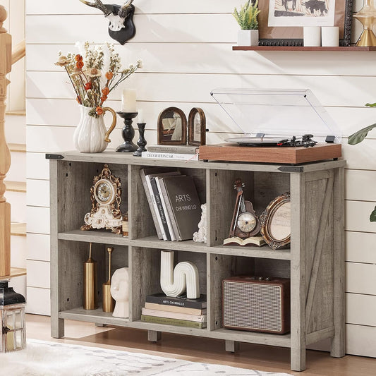 Farmhouse 6 Cube Bookshelf, Rustic Grey Oak Wooden Storage Organizer Book Shelf, 47 Inch Cubby Hallway Bookcase, Kids Toy Storage Cabinet, Modern Open Book Case for Living Room, Hallway