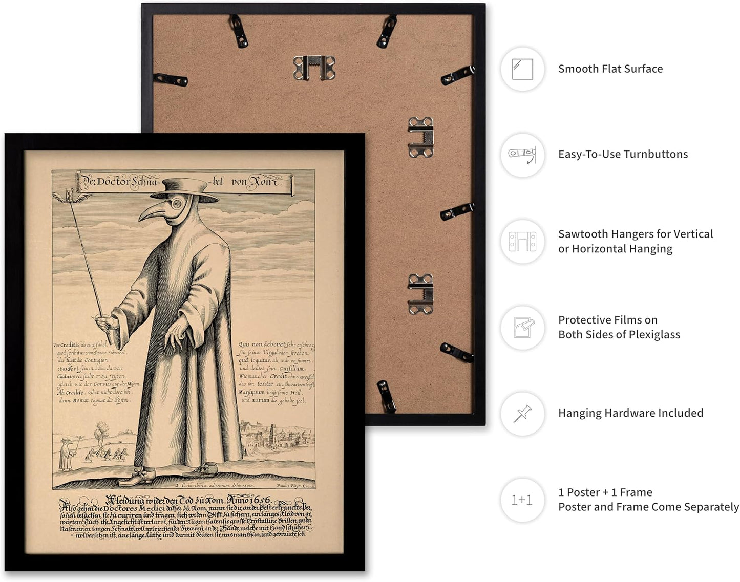 Poster Master Vintage Medieval Poster - Retro Illustration Print - Gift for Friend - Plague Doctor, Pandemic Mask, Physician, Black Death - Wall Decor for Home, Living Room, 11x14 Black Framed