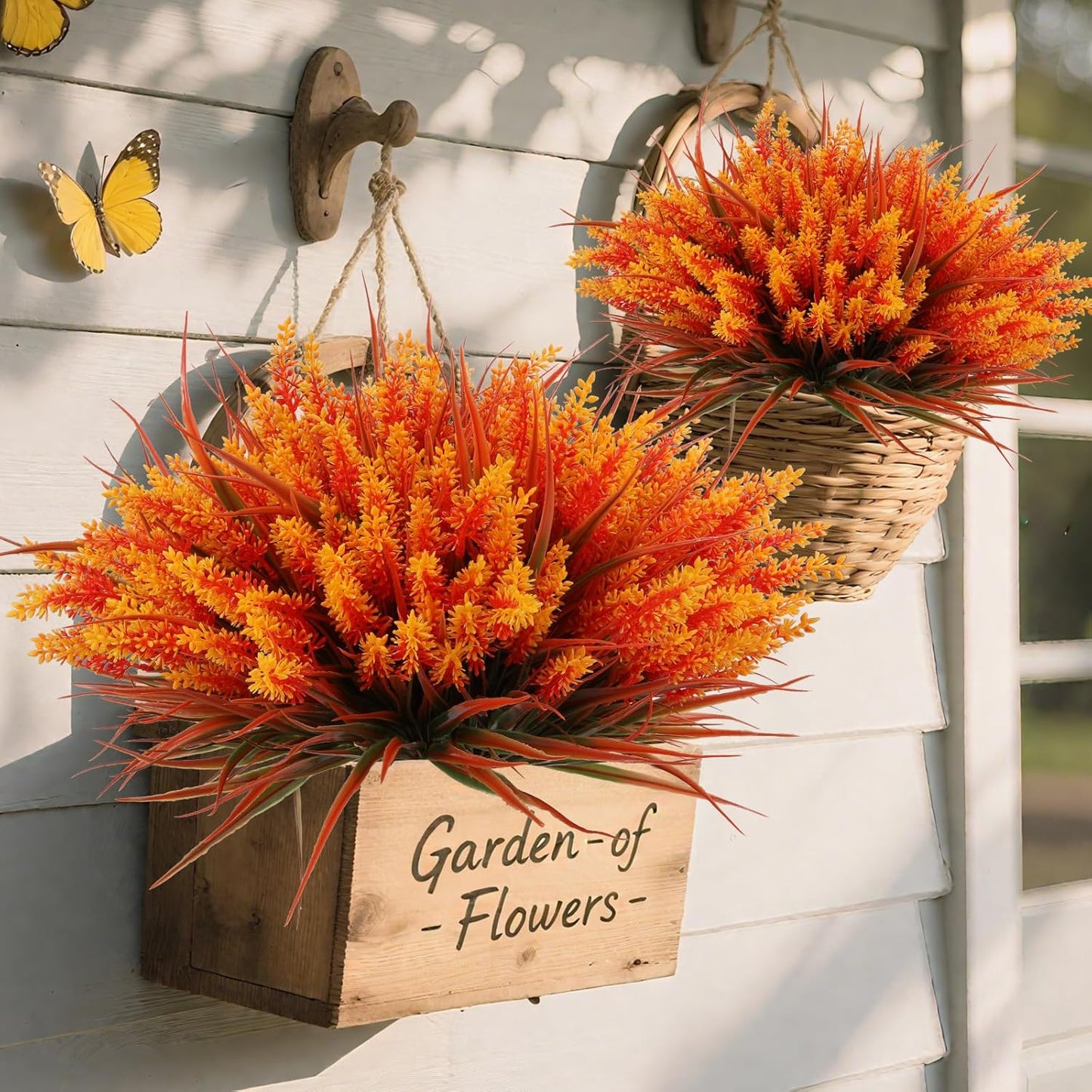 Geegoods 24 Bundles Artificial Fall Flowers Outdoor – Faux Lavender Flowers with Monkey Grass UV Resistant Plastic Faux Plants for Garden Porch Patio Home Decor, Autumn-Orange Color