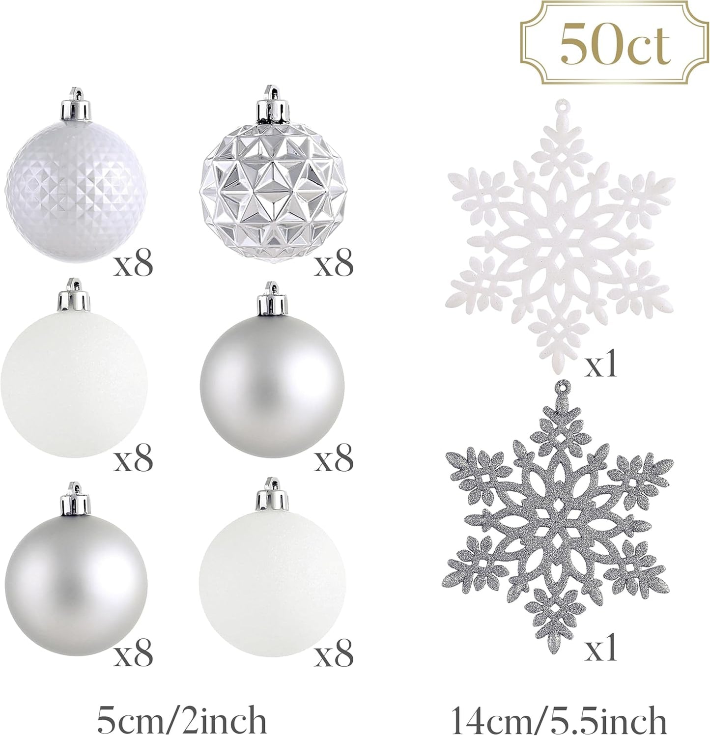 Valery Madelyn Christmas Tree Decorations Ornament Set for Fall Halloween, 50ct 2 Inches White and Silver Shatterproof Christmas Ball Ornaments Hanging Xmas Holiday Party Decor