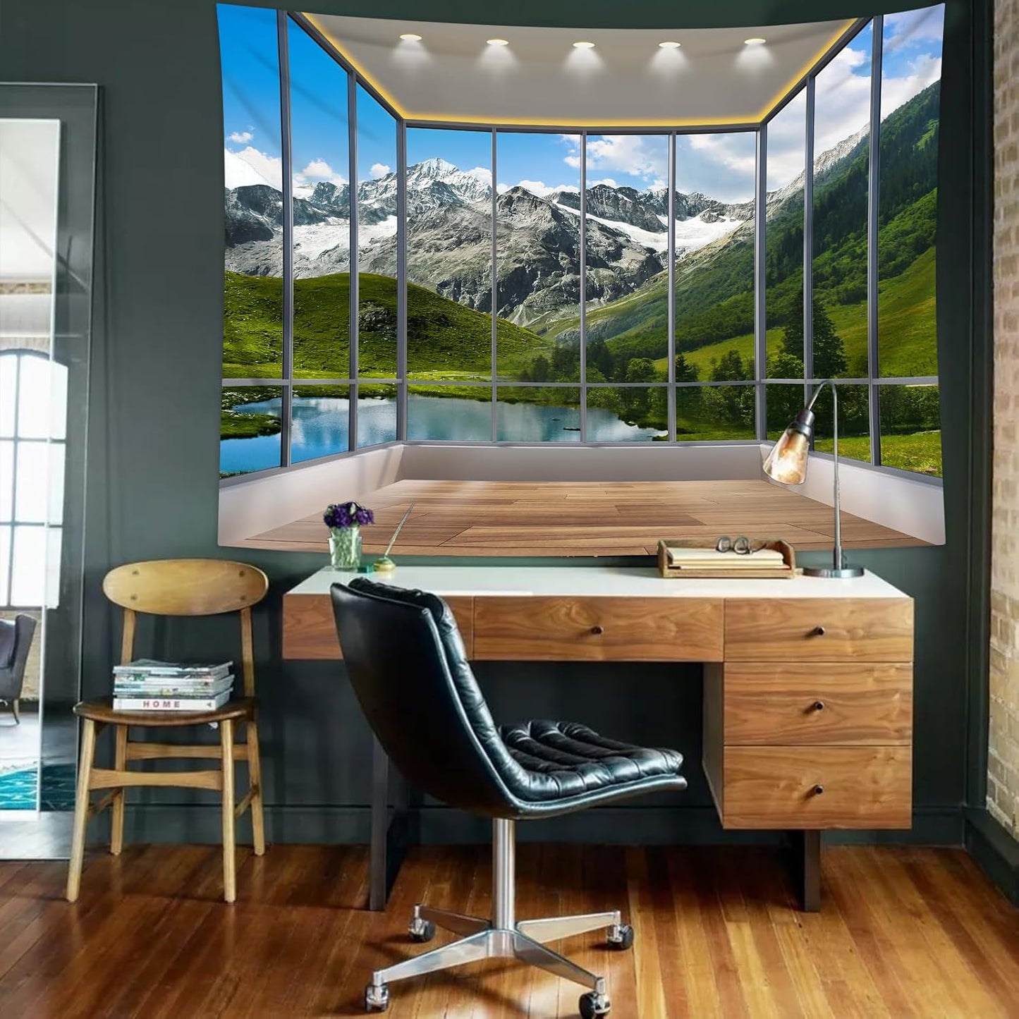 dueeia Window Tapestry Wall Hanging Mountain Forest Lake Nature Landscape Wall Tapestries for Bedroom Office Living Room Wall Decor (28.7"x37.4")