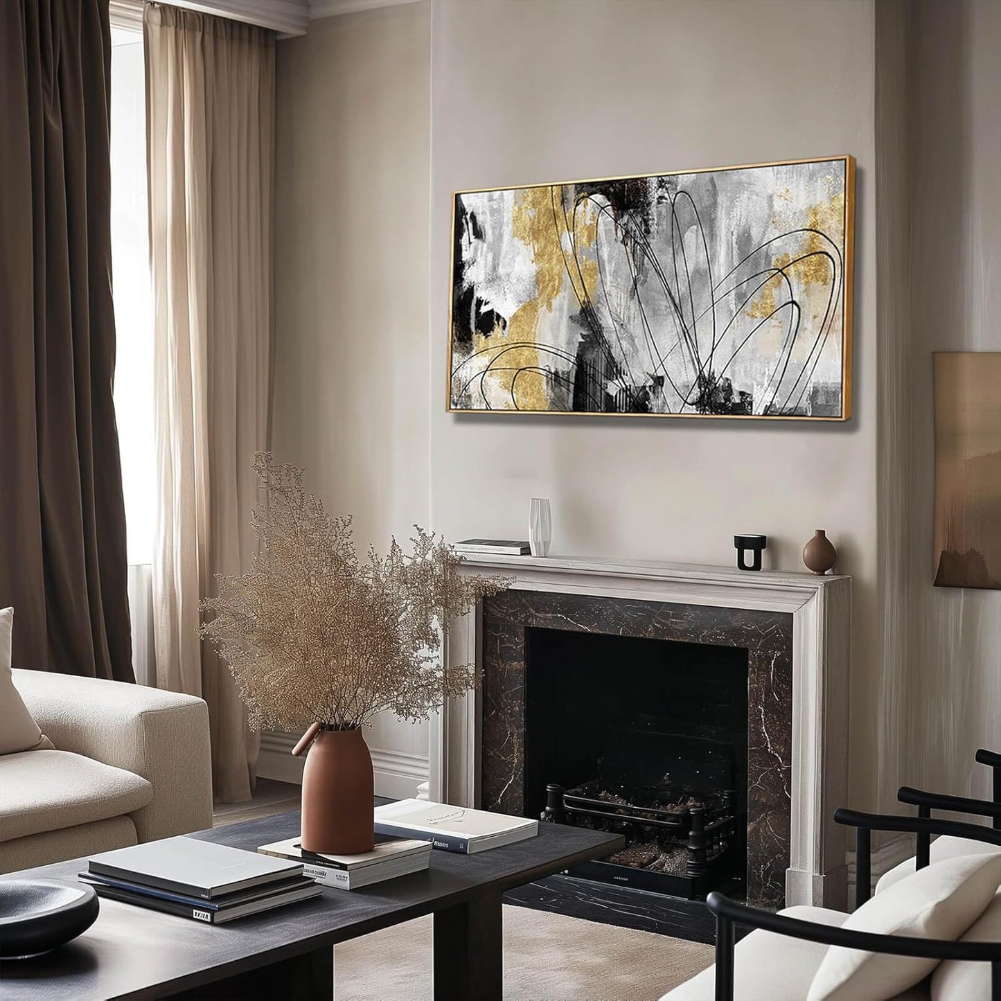 YJYart Line Art Wall Decor Black and Gold Wall Artwork 20"x40" Canvas Wall Art for Living Room Kitchen Wall Picture Ready to Hang