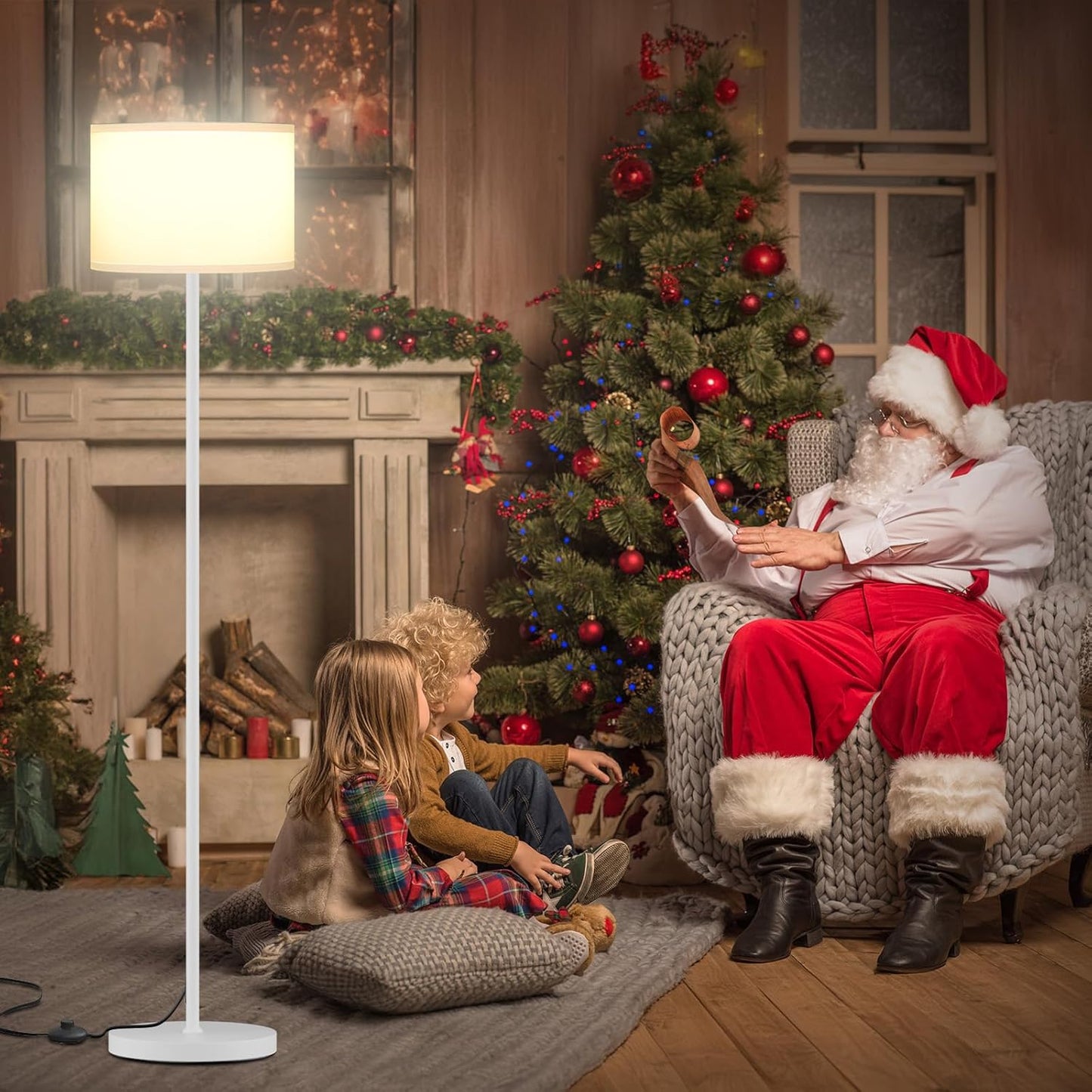 Ambimall 60'' Modern Floor Lamp with Shade, Tall Lamps for Living Room, Bedroom, Office, Dining Room, White Shade with White Pole(Without Bulb)