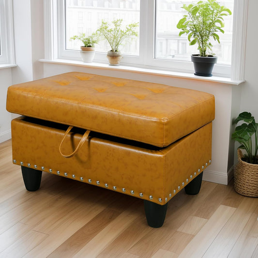 Ottoman Rectangular Storage Ottoman Bench, Faux Leather Footrest, Coffee Table, Stool Footstool with Hinged Lid for Living Room, Bedroom, Entryway, Ginger, 28.5"x19"x17.5"