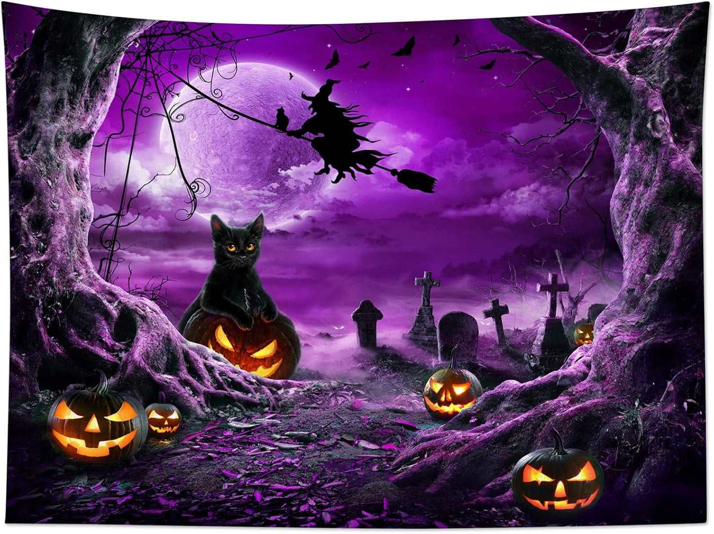 LB Halloween Wall Tapestry - Horror Witch Cat, Dead Tree, Pumpkin Lights With Spooky Graveyard - Purple Full Moon Over Misty Forest for Bedroom Living Room Dorm 48x36 Inch