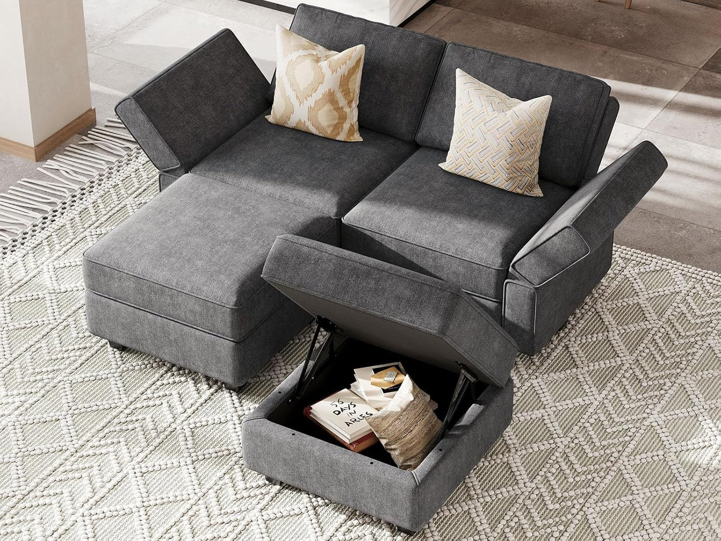 Bellfin Modular Sectional Sleeper Sofa Convertible Sofas with Storage Ottomans Small Sectional Couches for Living Room. Dark Grey Couch