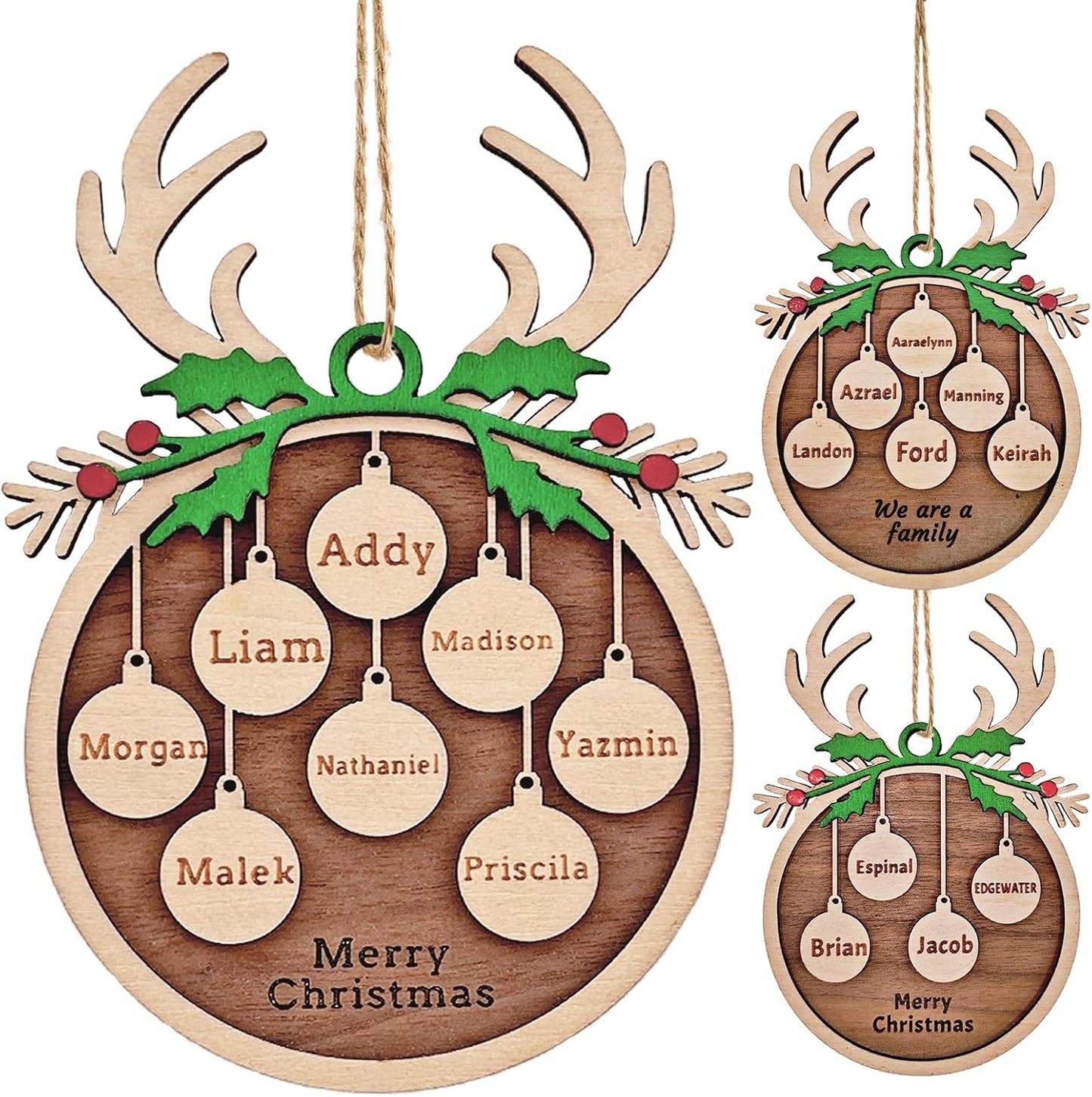Personalized Christmas Ornaments 2025 with Family Names Custom Wooden Ornaments for Christmas Tree Personalized Ornament Gifts (1-10 Names)