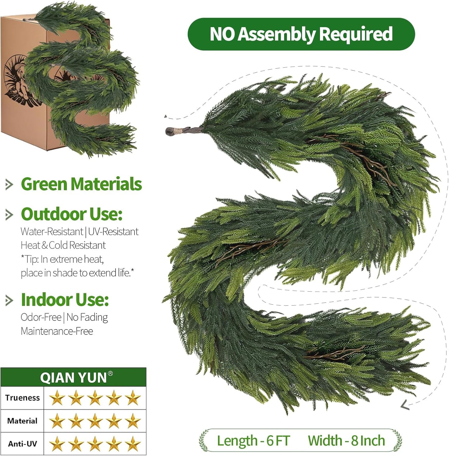 6FT Artificial Norfolk Pine Garland 2 Pack – Dense Green Christmas Garland, Real Touch Holiday Greenery for Front Door, Fireplace Mantel, Staircase, Indoor Outdoor Home Decoration
