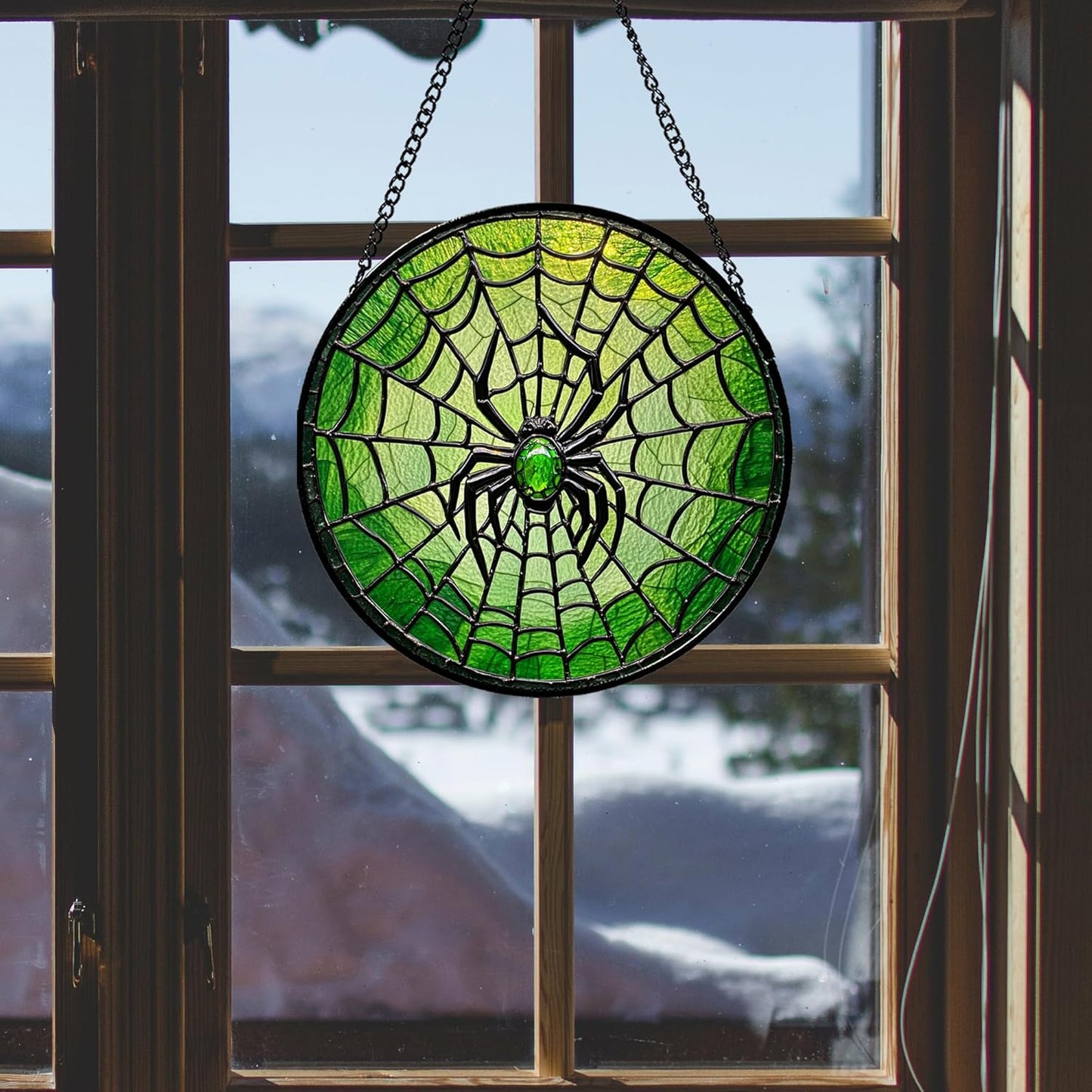 Stained Glass Window Hanging - Black Green Horror Spider Web Suncatcher for Doors Garden Patio Sun Catchers Decor Christmas Halloween Birthday Gifts for Women Men Mom Nana Friend 6.3 in