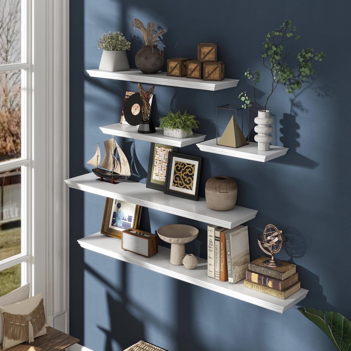 Floating Shelves for Wall, 16 Inch Wall Mounted White Hanging Shelf for Kitchen, Living Room, Office, Bedroom, Bathroom, Retro Vintage Wood Bookshelf for House Decor