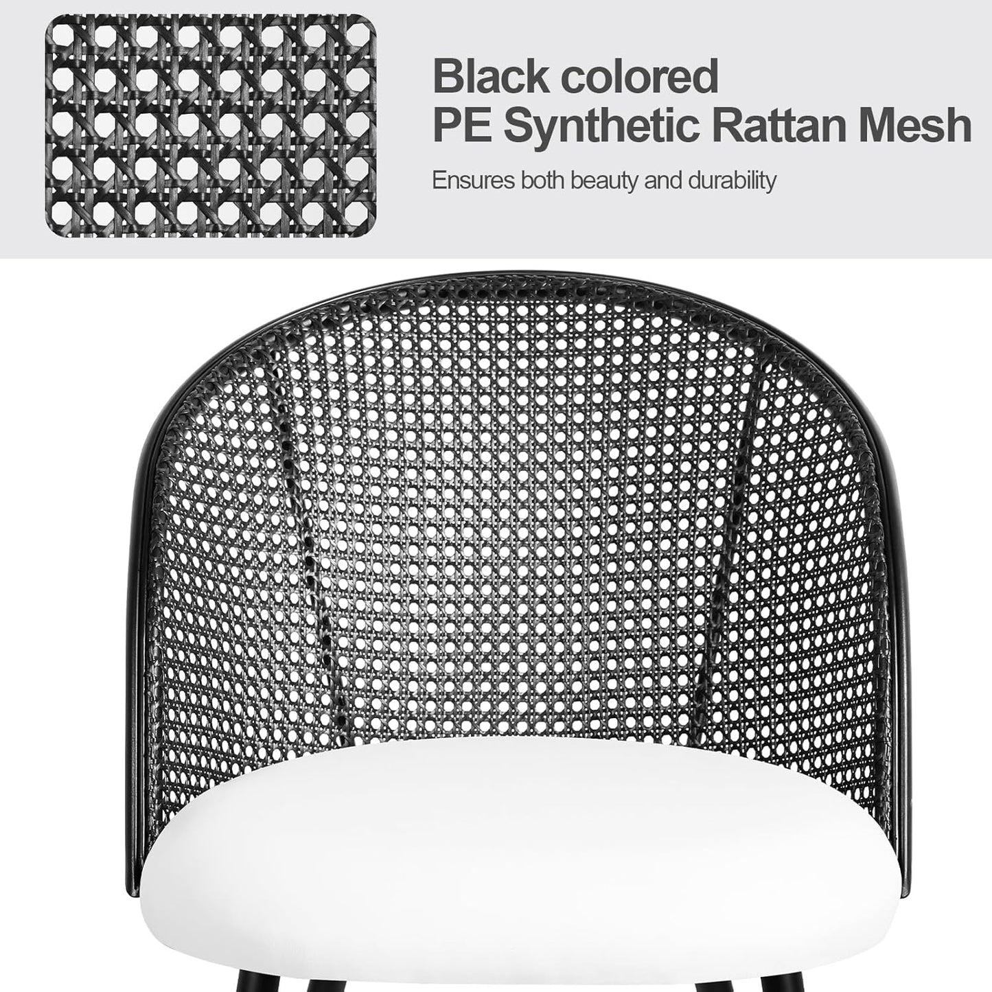 Rattan Dining Chairs Set of 4, Faux Leather Upholstered Dining Chairs with Black Cane Back, Mid-Century Modern Farmhouse Armless Accent Chairs for Kitchen Dining Room, Restaurant, White