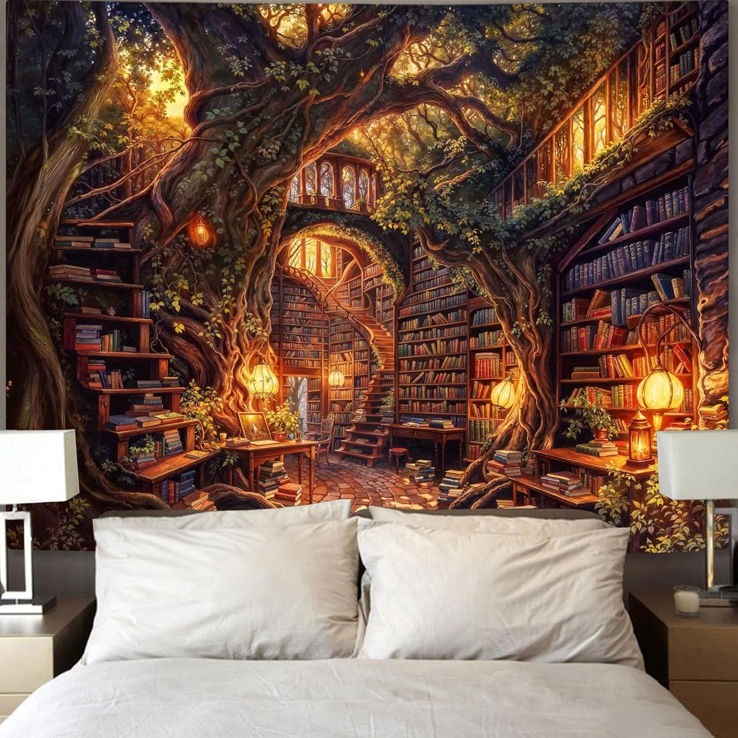 Accnicc Forest Library Tapestry Tree Bookshelf Tapestries Wall Hanging Vintage Fantasy Fairy Treehouse Book Extra Large Tapestry for Bedroom Living Room Dorm Classroom 90 x 68 inch