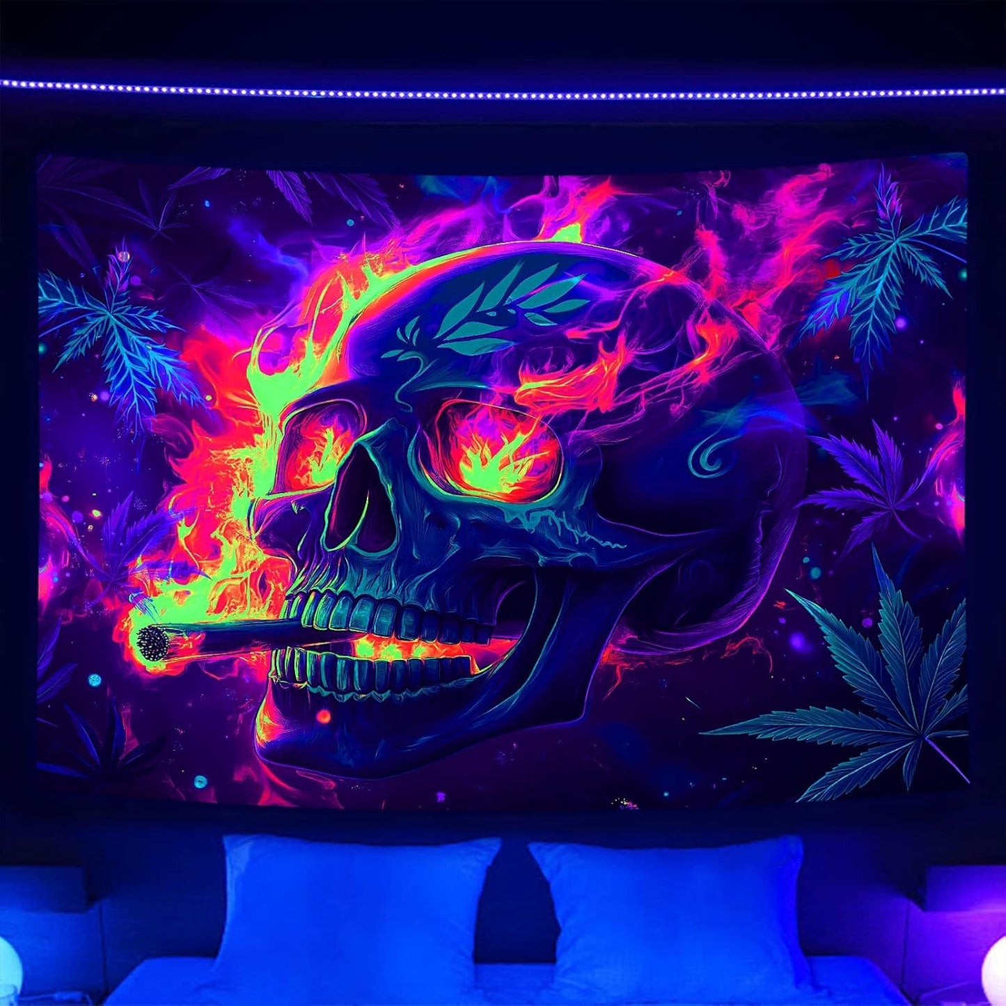 Blacklight Skeleton Tapestry, Glowing Skull UV Reactive Gothic Wall Hanging Tapestries, Glow in the Dark Grim Reaper Magic Horror Face Halloween Poster Tapestry for Bedroom Living Room Decor 60X51IN