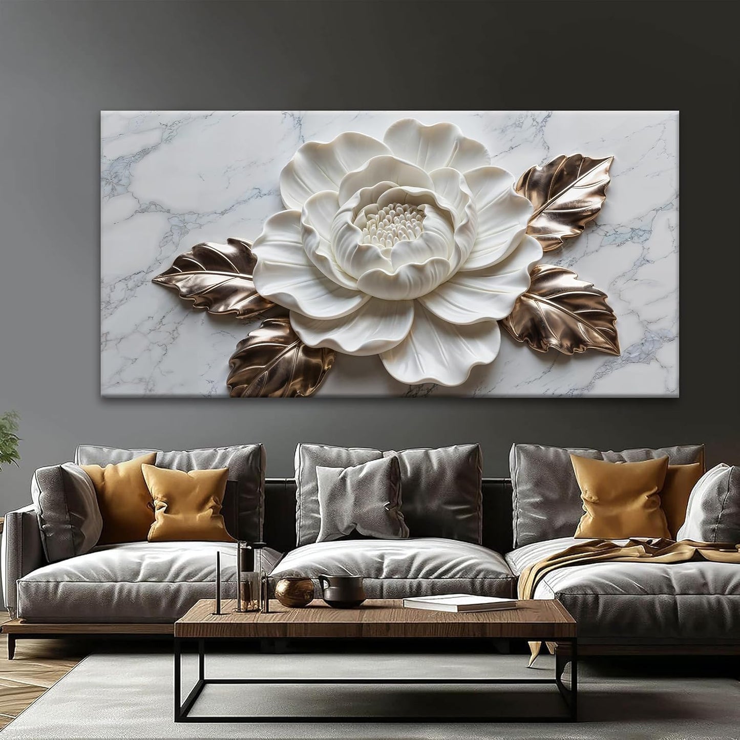 Suconvng Canvas Wall Art Living Room Home Wall Decor Modern White Flower Canvas Art Wall Decor 29 X 58 Inches Large Wall Art Elegant Marble Texture Picture For Bedroom Office Artwork