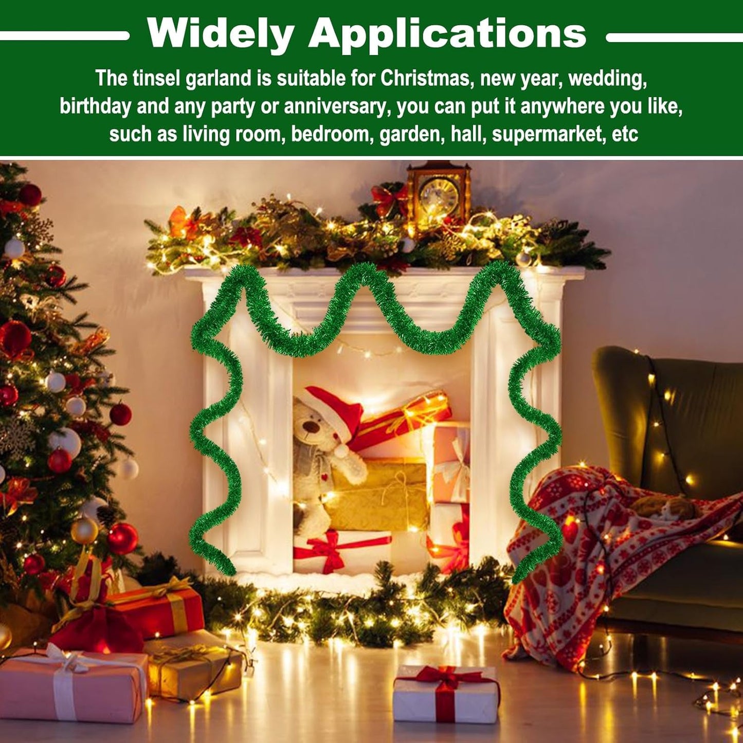 25 Feet Metallic Twist Tinsel Garland Backdrop for Parade Floats, Christmas Eve, New Year, Valentine's Day Party Decorations (Green, 4in x 25ft)