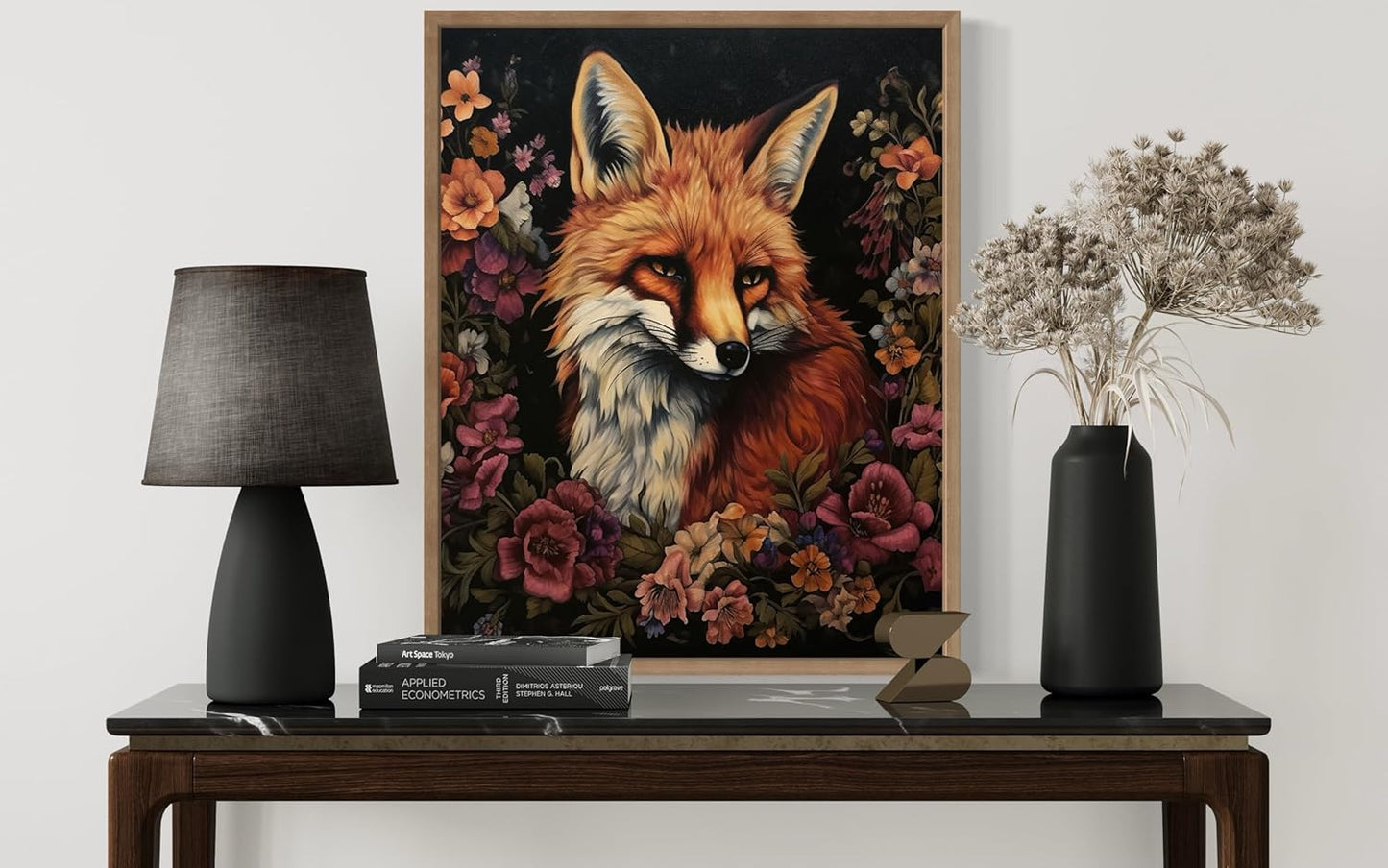Fox and Flower Poster Art Print, Halloween Scary Vintage Wall Art Academia Spooky Painting Decoration for Horror Prints, Gothic Posters Bedroom Decor 89 (Fox and Flower, 8 x 10 inches, Wood Frame)