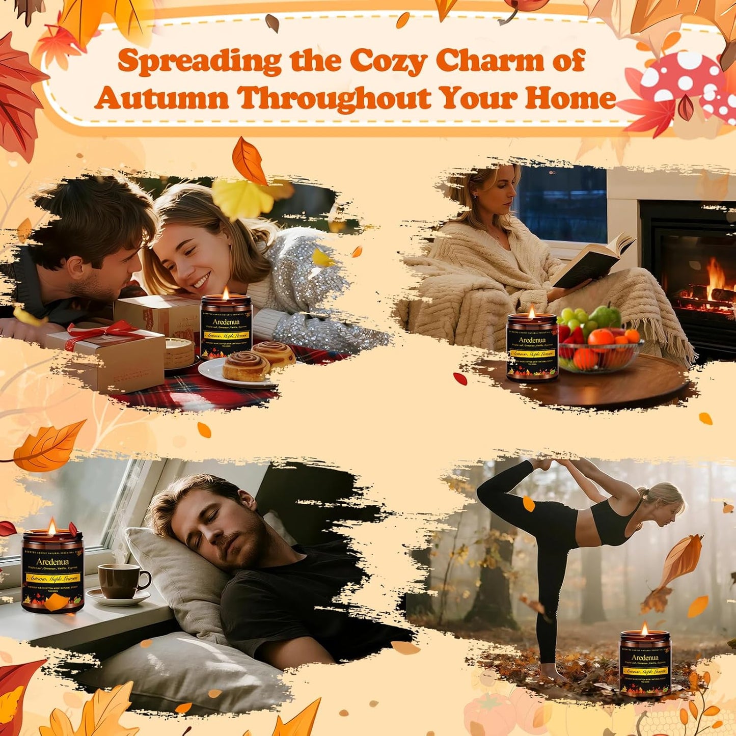 Fall Candles Set | 4 Pack Autumn Scented Candles, Soy Candles for Home Scented, Cozy Seasonal Candle Gifts for Women Men - Fall Scents of Cinnamon Roll/Pumpkin/Autumn Leaves/Apple Pie