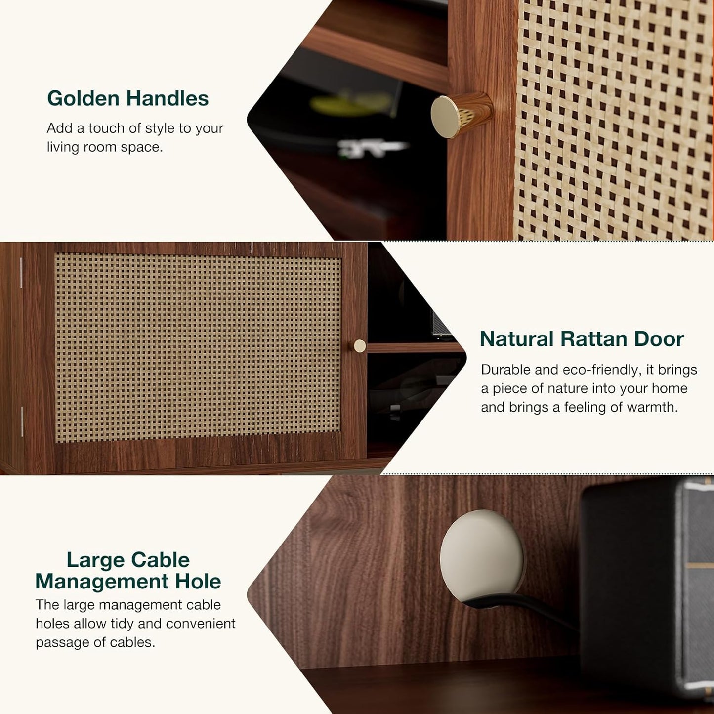 TV Stand for TVs up to 65'', Entertainment Center With Rattan Door, Shelves & 2 Cabinets, Long Boho Media Console for Living Room, Walnut