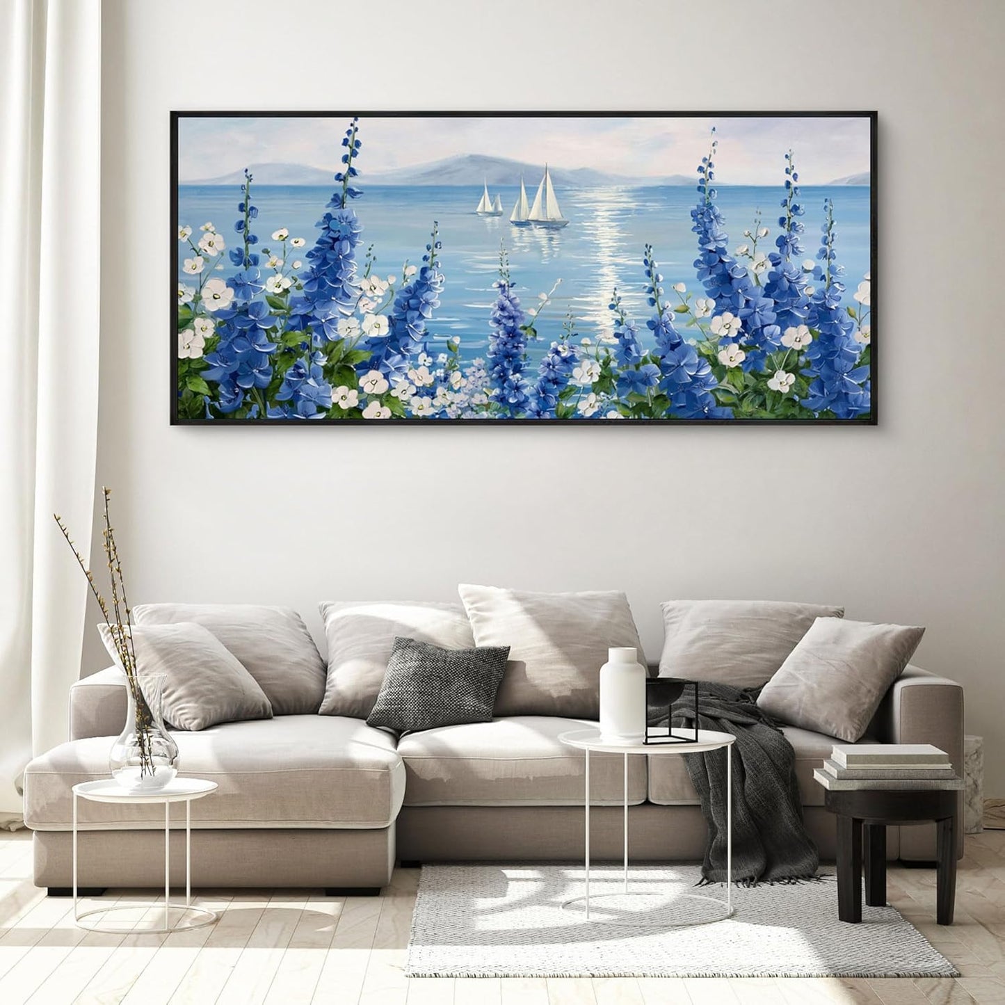 XLSJERST Large Sailboat Wall Art - Blue Canvas Abstract Painting Textured Picture Artwork Vintage Nautical Flower Painting Coastal Modern Print 70"x31" Frame for Living Room Bedroom Home Decoration