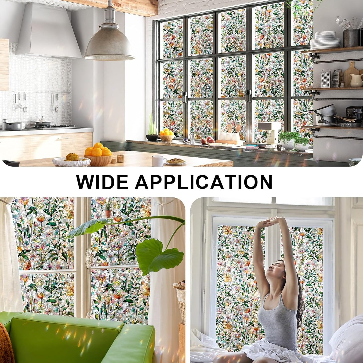 Rainbow Window Privacy Film 3D Floral Decorative Stained Glass Window Film Anti UV Non-Adhesive Reusable 17.5" x 78.7" for Home Room Car Glass Cling