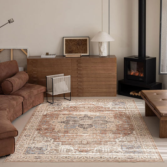 5'x7' Area Rug - Vintage Persian Medallion Design Low-Pile Faux Wool Rug, Non-Slip Backing, Machine Washable, for Living Room, Dining Room, Bedroom (Brick Red)