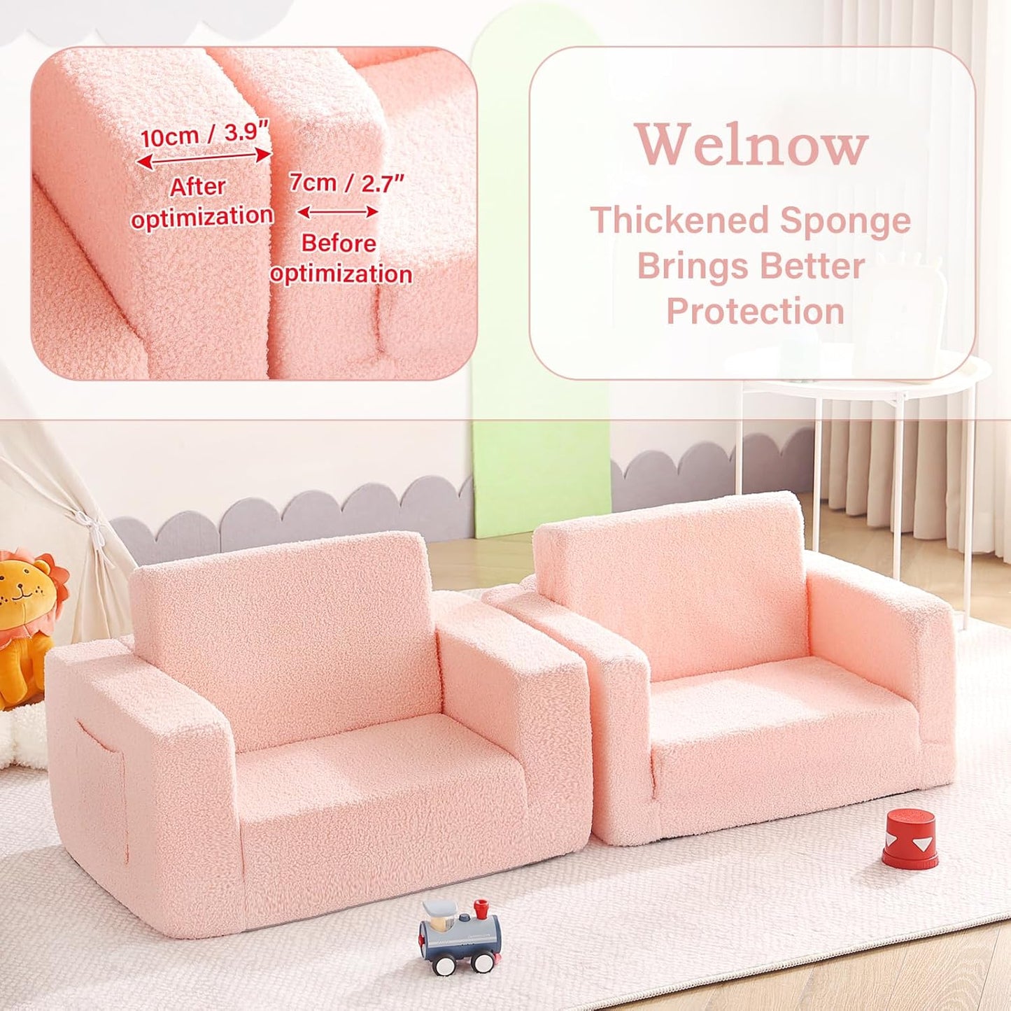 Welnow 2-in-1 Kids Sofa Chair, Glow in The Dark Convertible Toddler Chair Flip Out Children Sofa Chair Folding Kids Play Sofa with Side Pockets & Removable Cover Armrest Chair for Girl or Boy