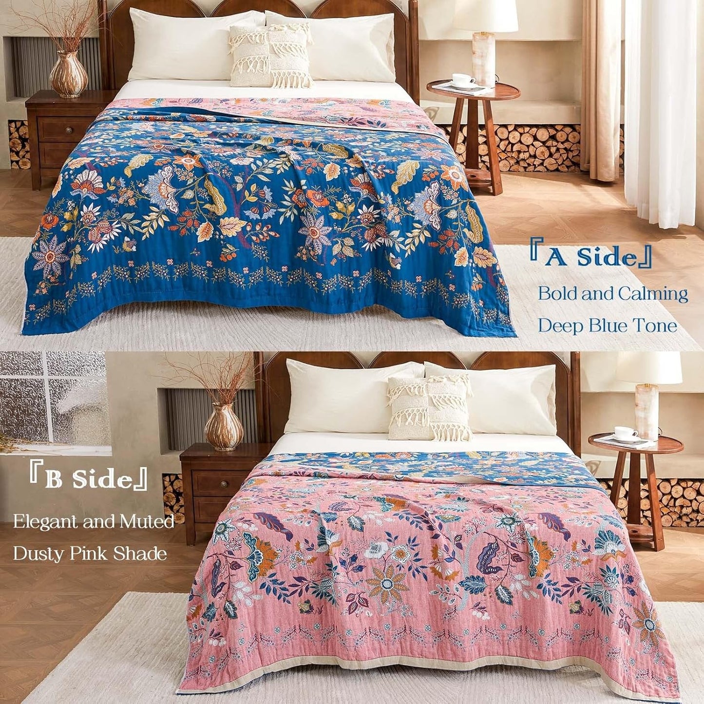 Fall Throw Blanket for Couch, Blue Boho Decorative Throw Blanket, 100% Cotton Muslin Breathable Woven Farmhouse Blankets Quilt, 50"x60" Reversible Lightweight Blankets Bohemian Throw Quilt