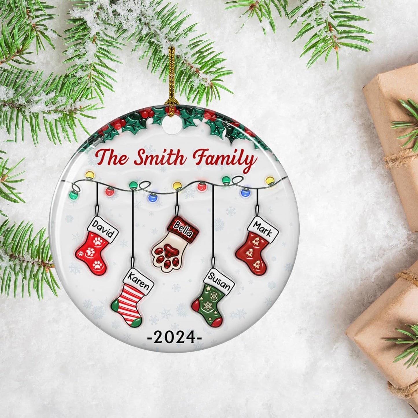 Stocking Personalized Family Christmas Ceramic Ornament 2025-3D Inflated Effect Custom Name Hanging Stock up to 10 Members, First Xmas as A Family Ornament Gifts (A04, 6 Names)