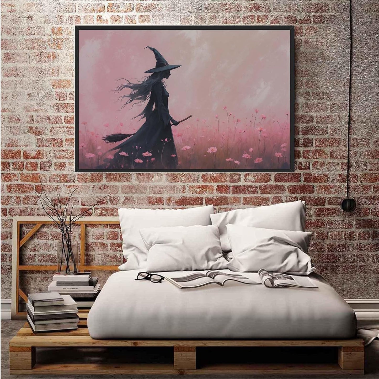 JFHCQJPK Witch in the pink sea of flowers Halloween prints weird flowers wall art silhouette painting fashionable romantic decoration suitable for bedroom12x16in Metal blackFramed