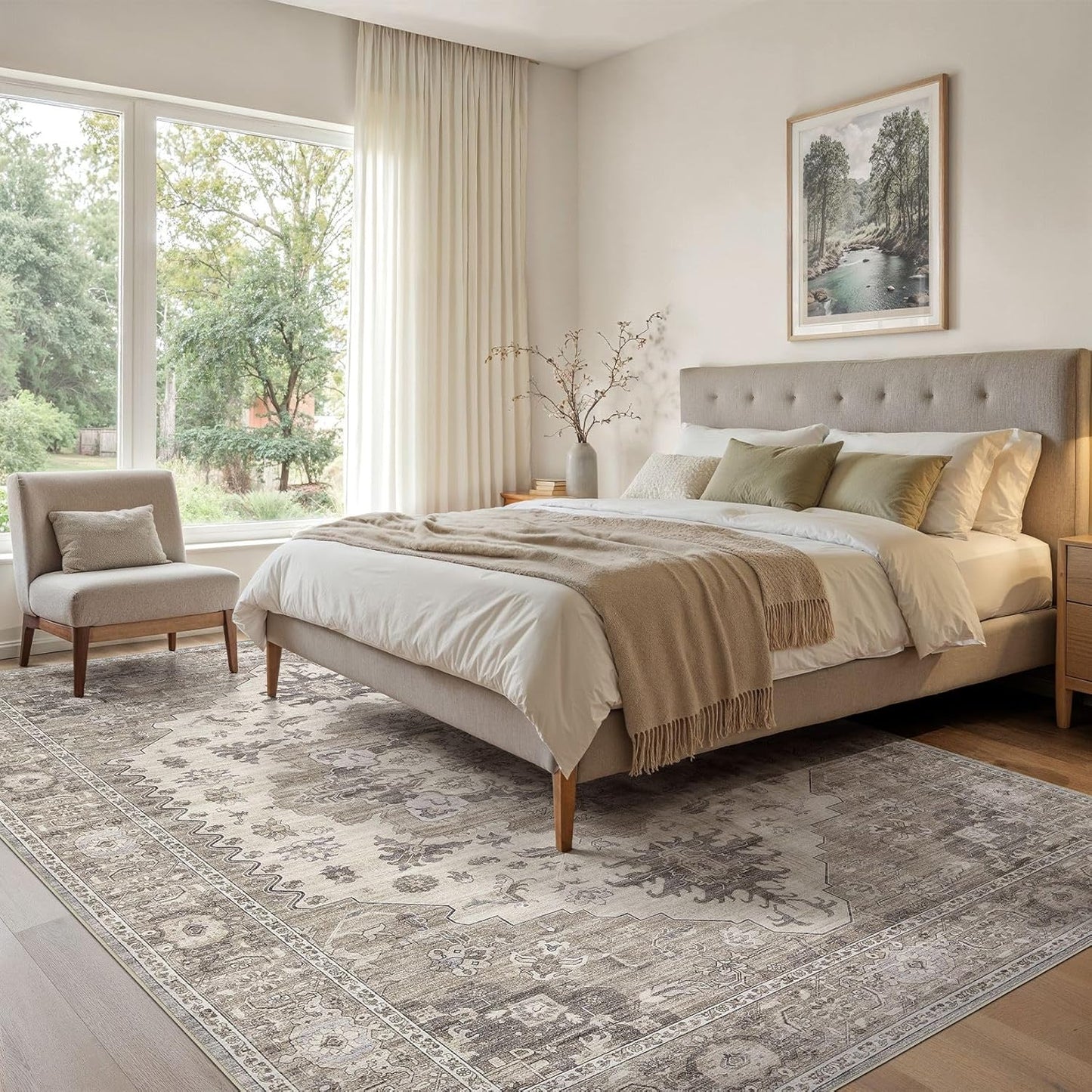 Washable Area Rugs for Living Room -7x10 Neutral Vintage Distressed Floral Farmhouse Boho Large Soft Floor Rug Indoor Non Slip Carpet for Living Room Bedroom Dining Room Office-Brown/Beige