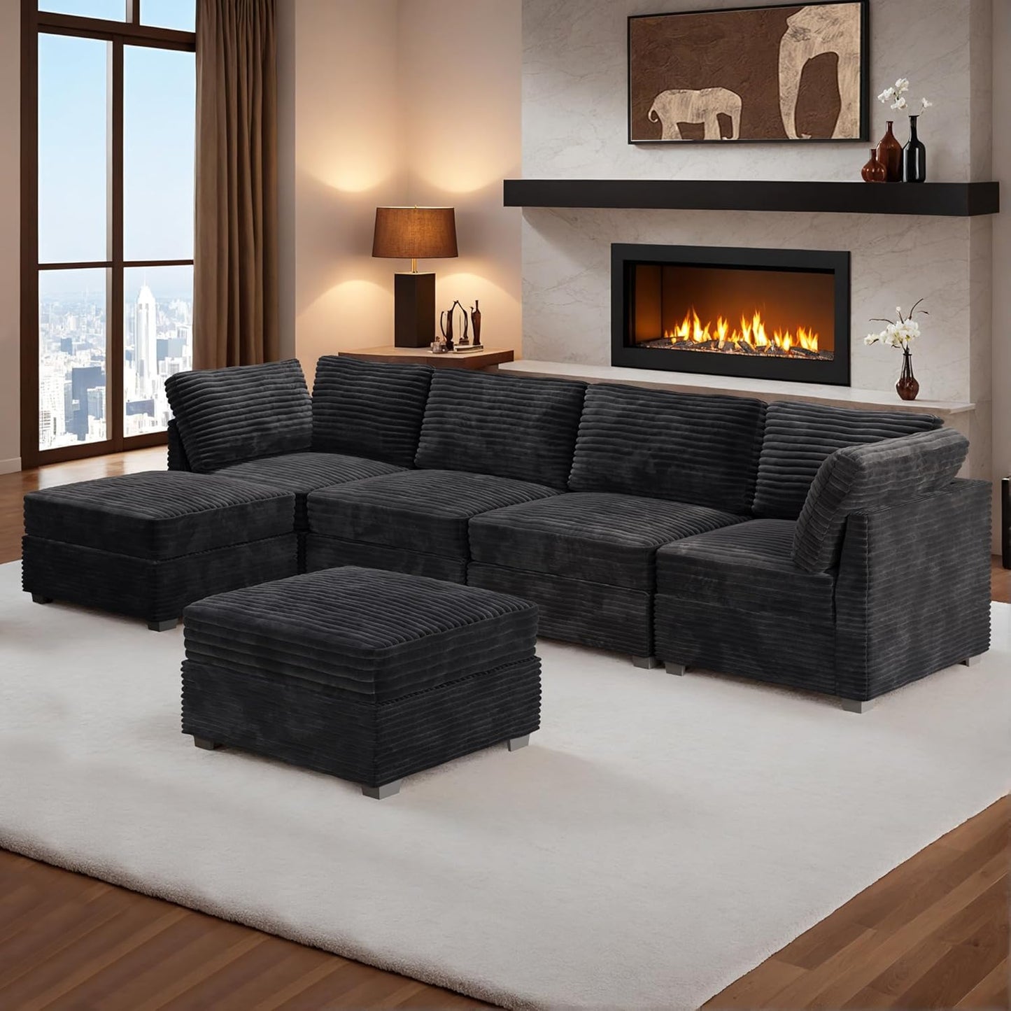 HOOOWOOO Modular Sectional Sofa,6 Pieces Sectional Couches for Living Room,131X66 L Shaped Cloud Couch with Ottoman Chaise Set(Black Velvet Corduroy)