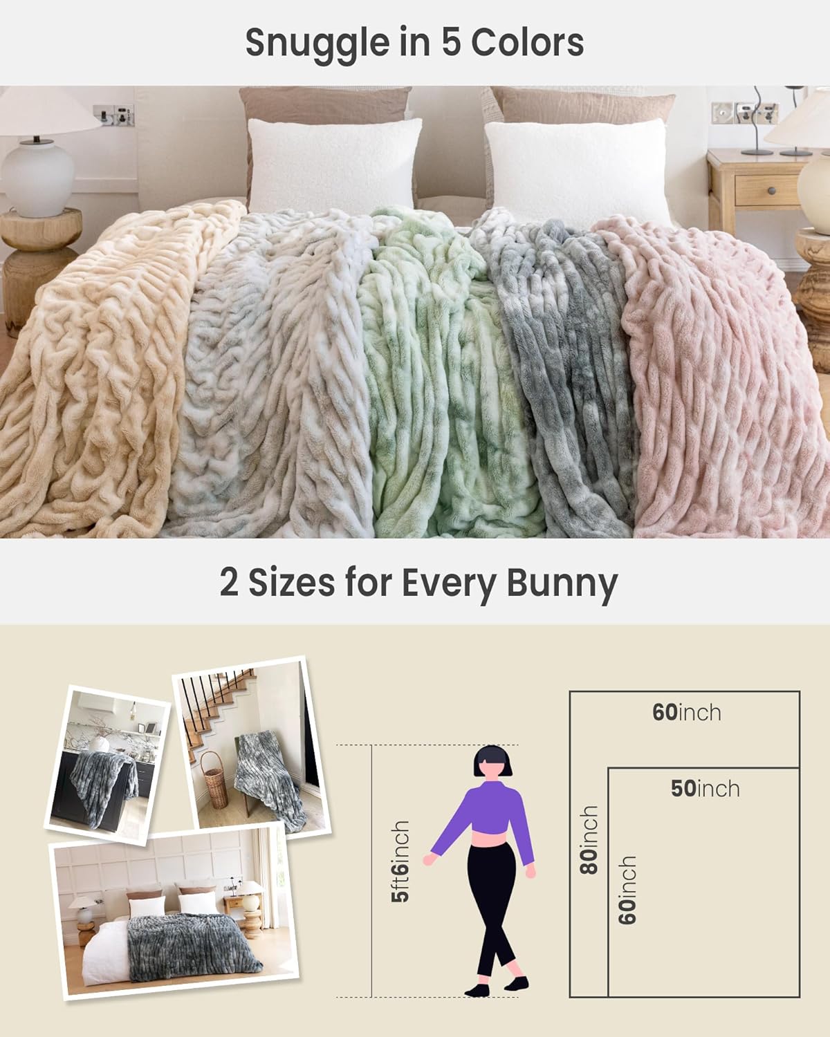 Faux Fur Blanket, Throw Blanket for Couch, Fluffy Blanket with Stretch Ruched Design, Ultra Soft Giftable Home Decor, 50x60 inches, Tie-Dyed in Sage Green