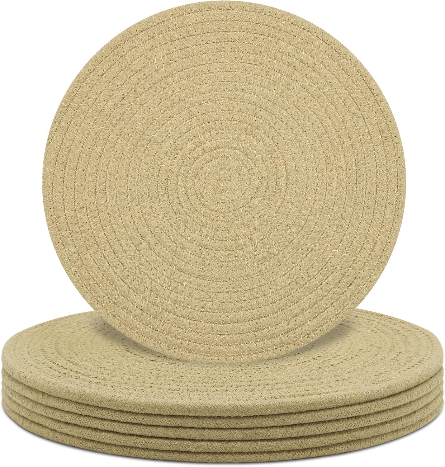 Round Placemats Set of 6, Cotton Rope Woven Table Mats, Hot Pads for Kitchen, Non Slip Heat Resistant Place Mats, 13 Inches Braided Placemat for Farmhouse Decor and Kitchen Table Decor (Khaki)