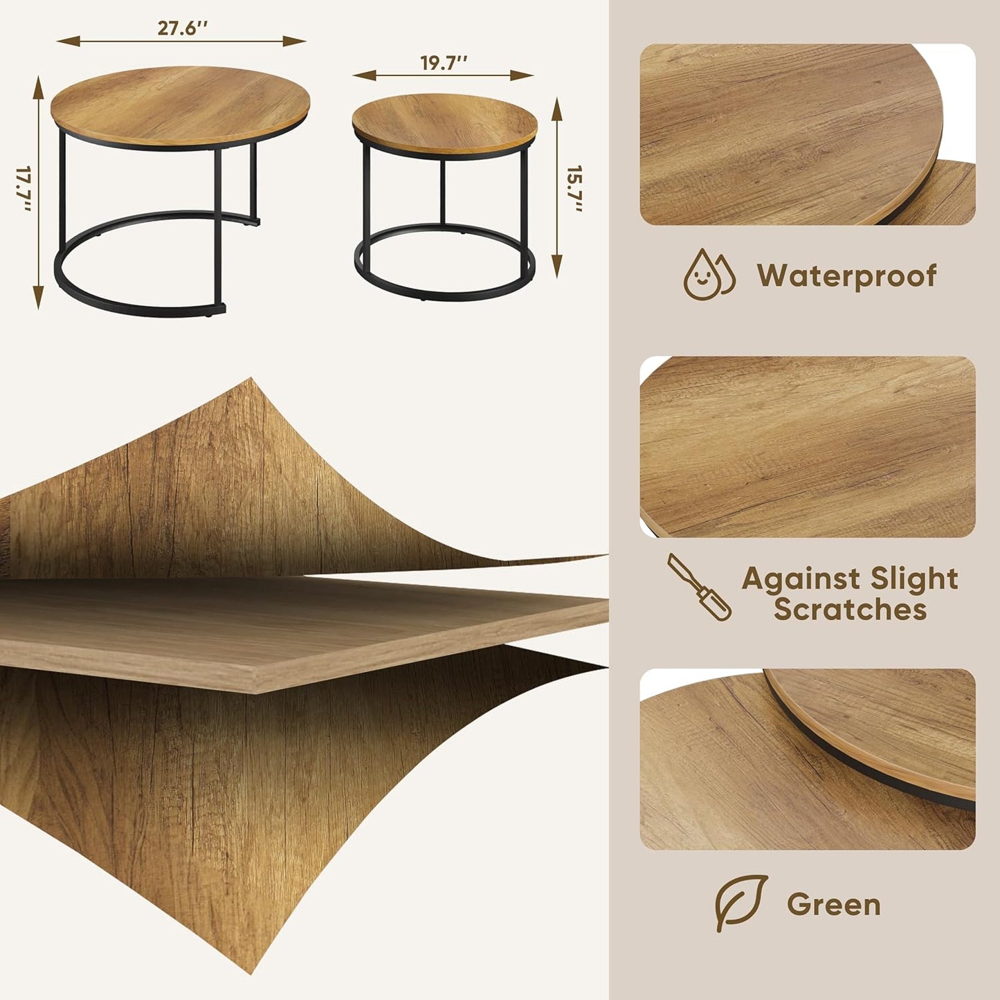 Smuxee Nesting Coffee Table Set of 2, 27.6" Round Coffee Table Wood Grain Top with Adjustable Non-Slip Feet, Industrial End Table Side Tables for Living Room Bedroom Balcony Yard