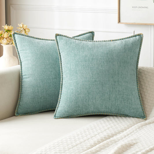 MIULEE Pack of 2 Couch Throw Pillow Covers 18x18 Inch Coastal Aqua Blue Farmhouse Decorative Pillow Covers with Stitched Edge Soft Chenille Solid Dyed Spring Pillow Covers for Sofa Bed Living Room
