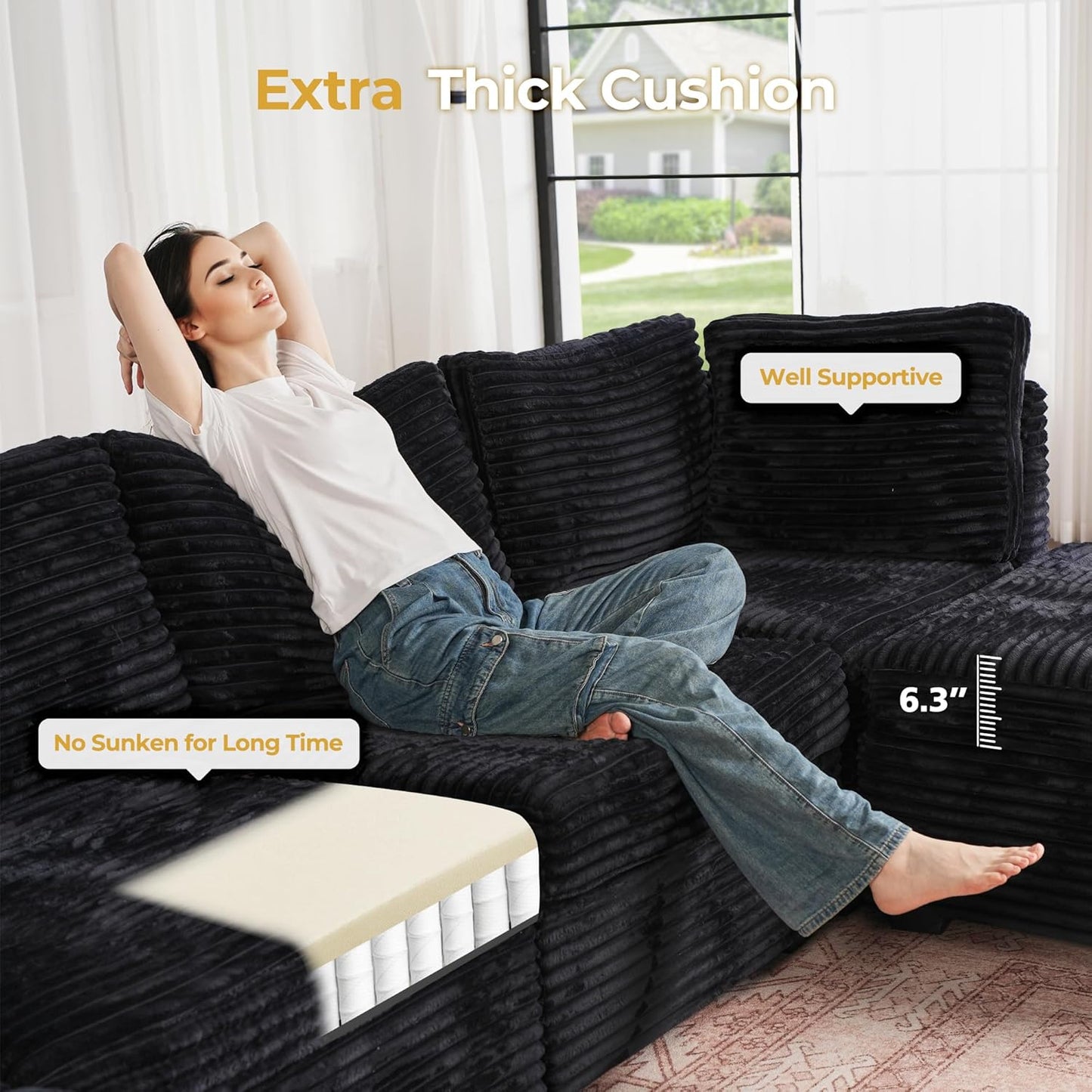 HOOOWOOO Modular Sectional Sofa,5 Pieces Sectional Couches for Living Room,98X98 L Shaped Cloud Couch Set(Black Velvet Corduroy)