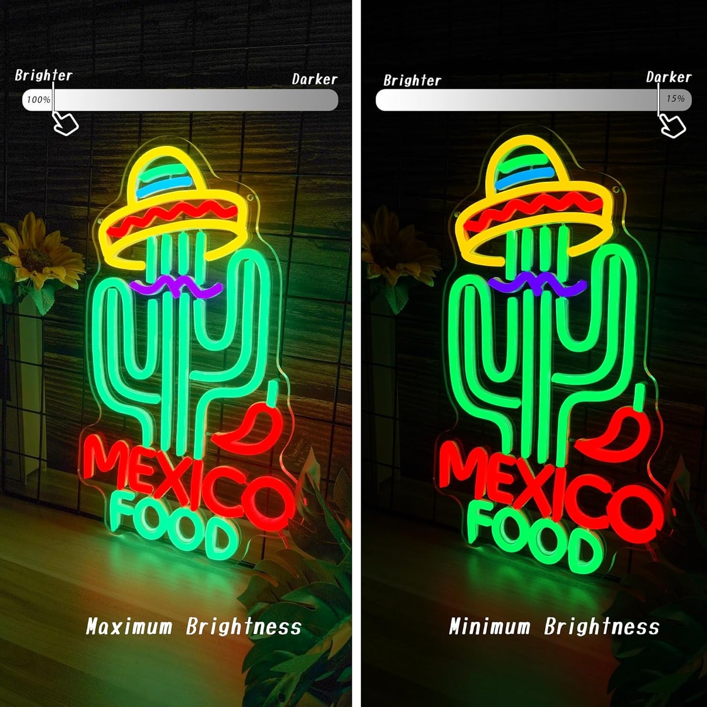 Mexican Food Neon Sign Cactus Neon Lights Dimable Colorful LED Mexican Art Lights Wall Decor for Mexican Restaurants Bars Food Trucks Unique Gift for Taco Enthusiasts Fiesta Parties (15×9.1inch)