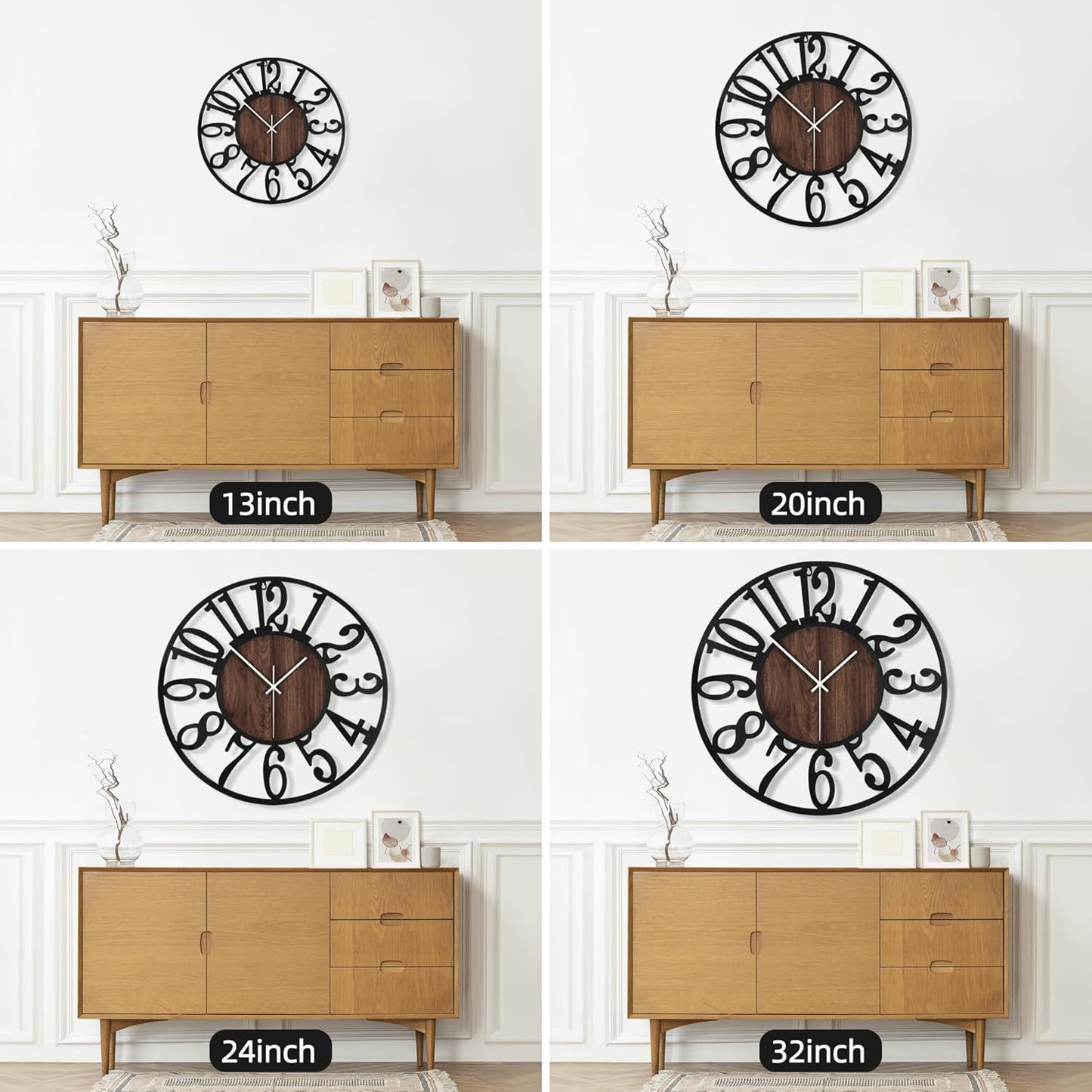 Maxstar Round Wall Clock for Living Room Decor Battery Operated Non Ticking Black Metal Wood Clocks for Home Living Room Garden Office Kitchen Decoration -16 inch