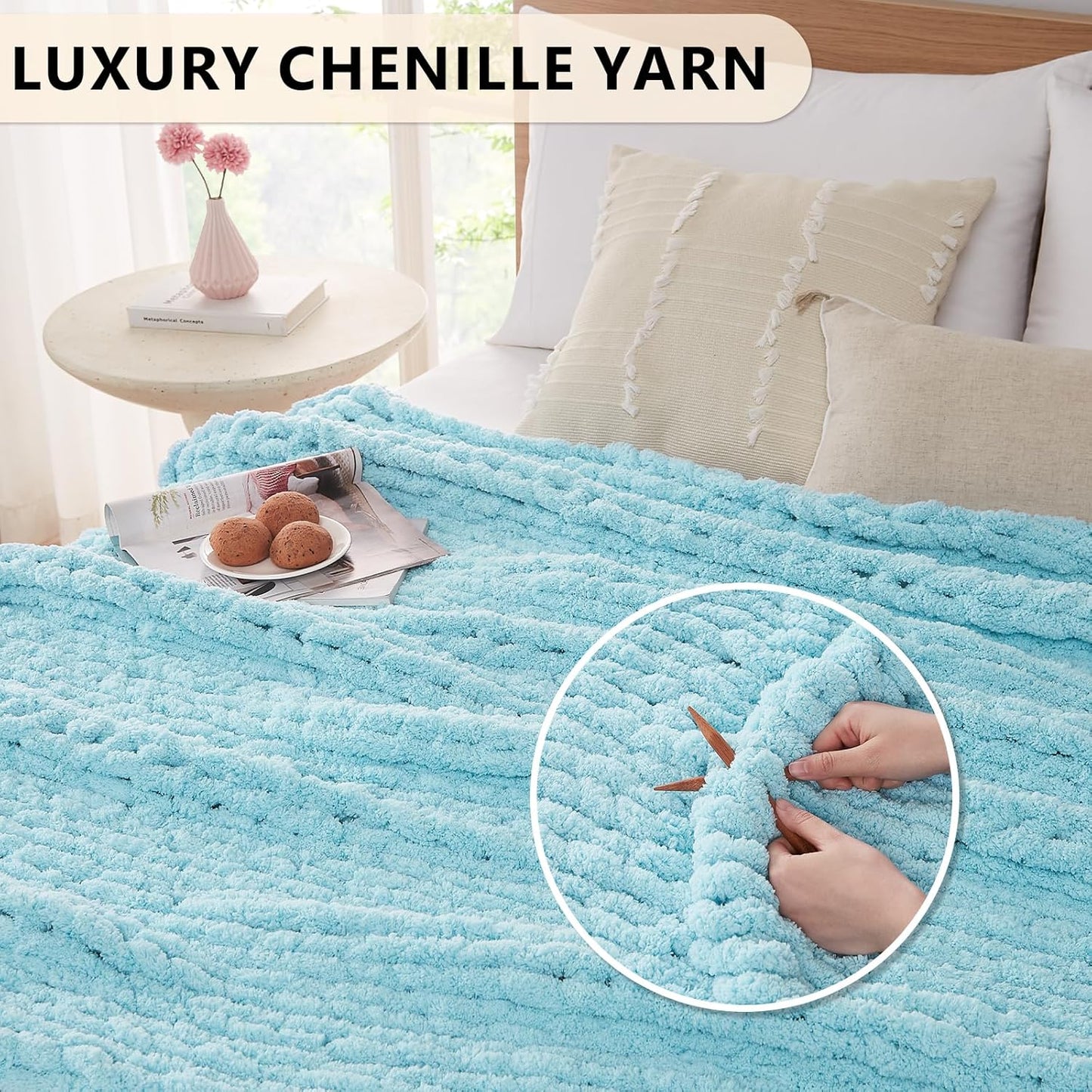 L'AGRATY Chenille Chunky Knit Blanket, Light Blue, 60x80, Heavyweight Throw Blanket for Home Decor